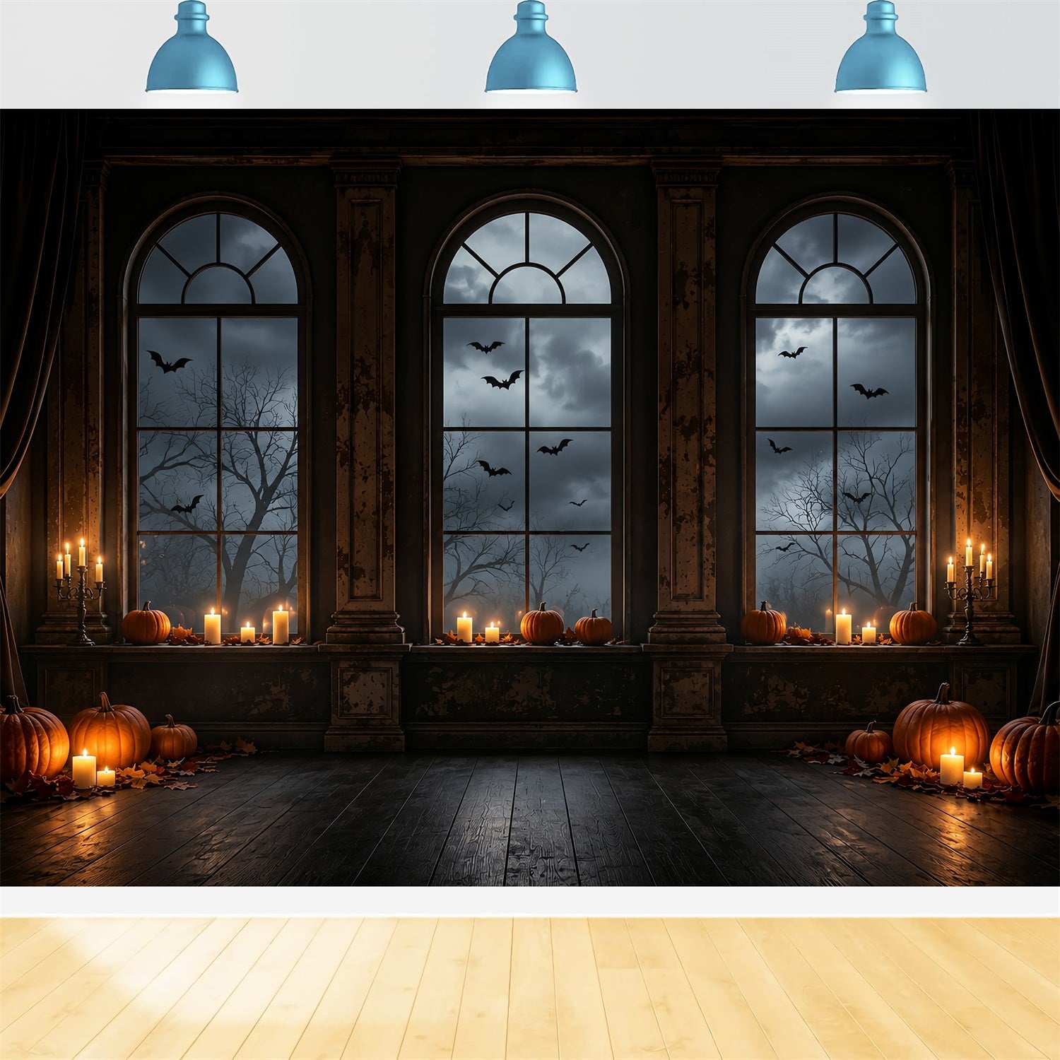 Batcave Backdrop Candlelit Pumpkin Arched Windows Halloween Backdrop Photos ZTT67-63
