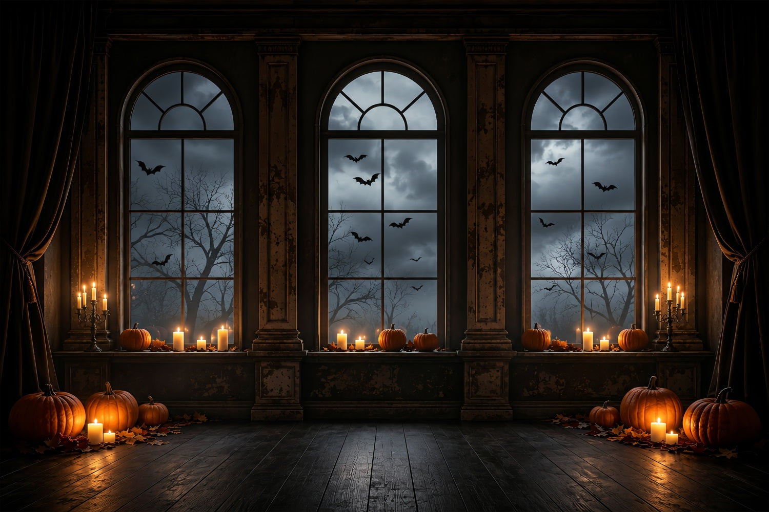 Batcave Backdrop Candlelit Pumpkin Arched Windows Halloween Backdrop Photos ZTT67-63