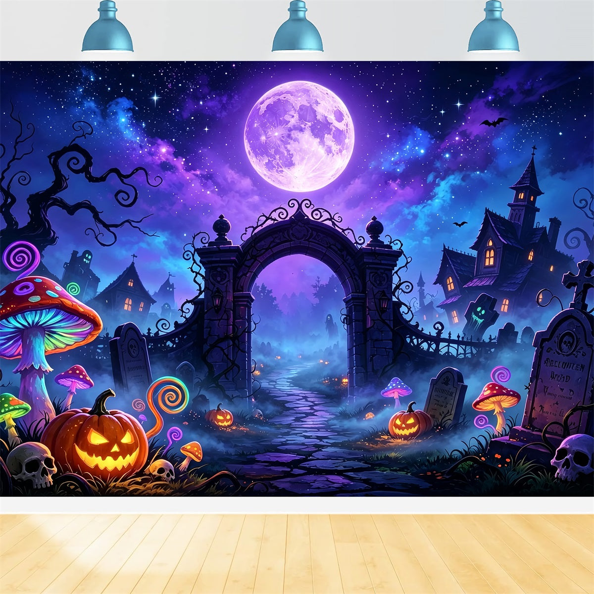 Bat Cave Backdrop Neon Moon Mushroom Graveyard Halloween Backdrop For Kids ZTT67-64