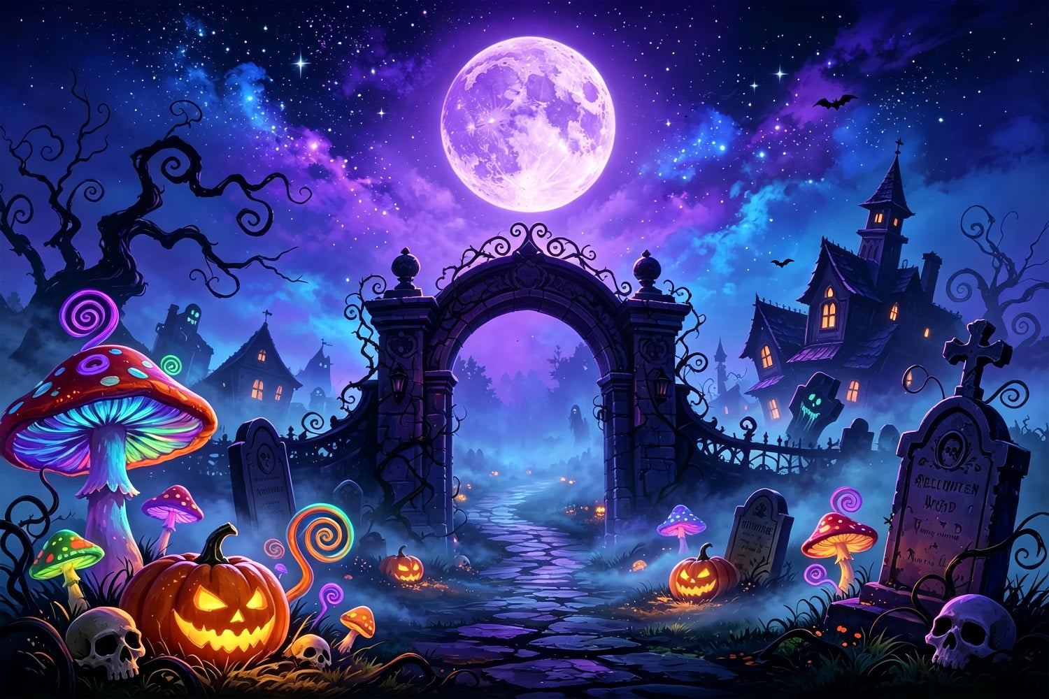 Bat Cave Backdrop Neon Moon Mushroom Graveyard Halloween Backdrop For Kids ZTT67-64