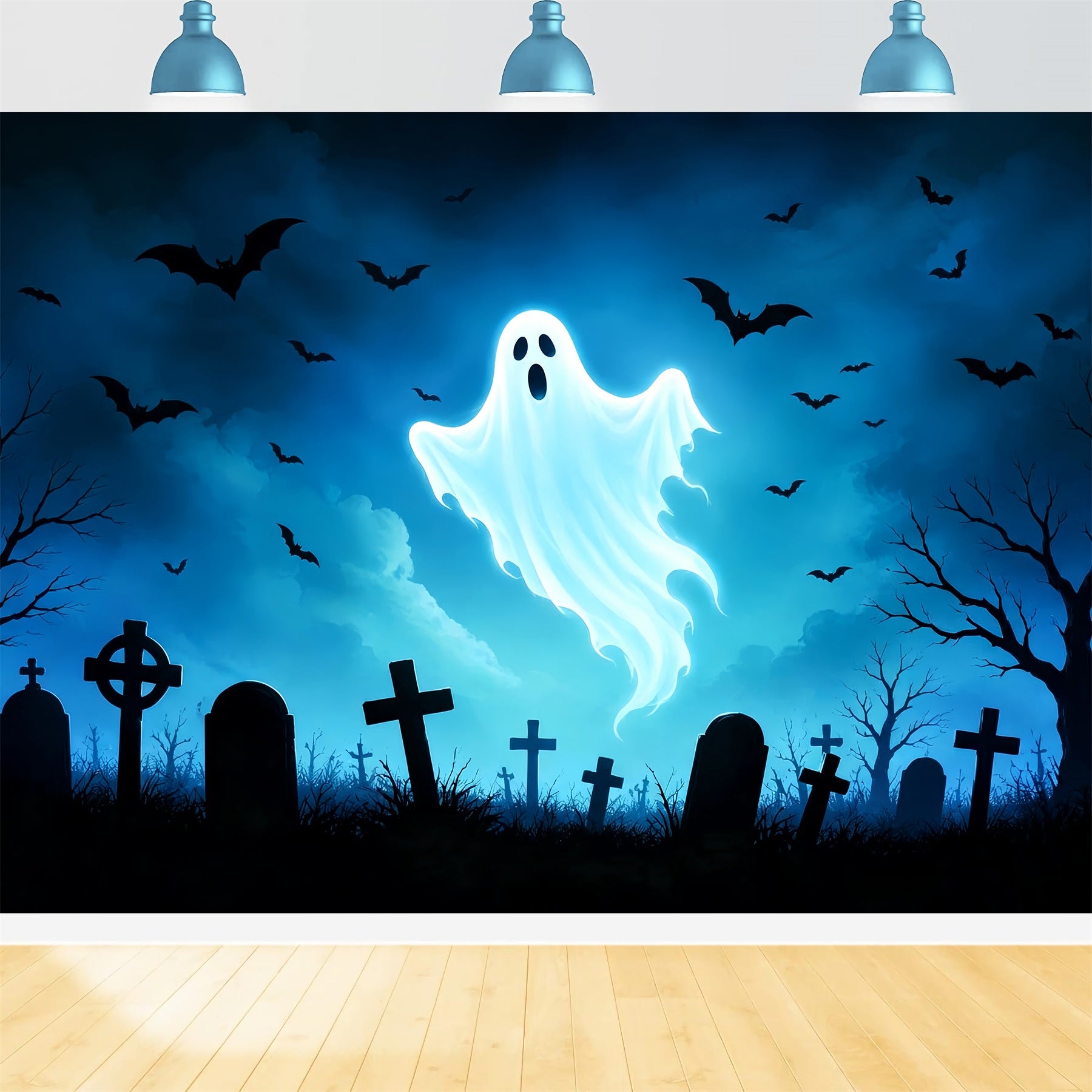 Ghost Stained Glass Backdrop Glowing Ghost Bat Graveyard Cool Halloween Backdrops ZTT67-66