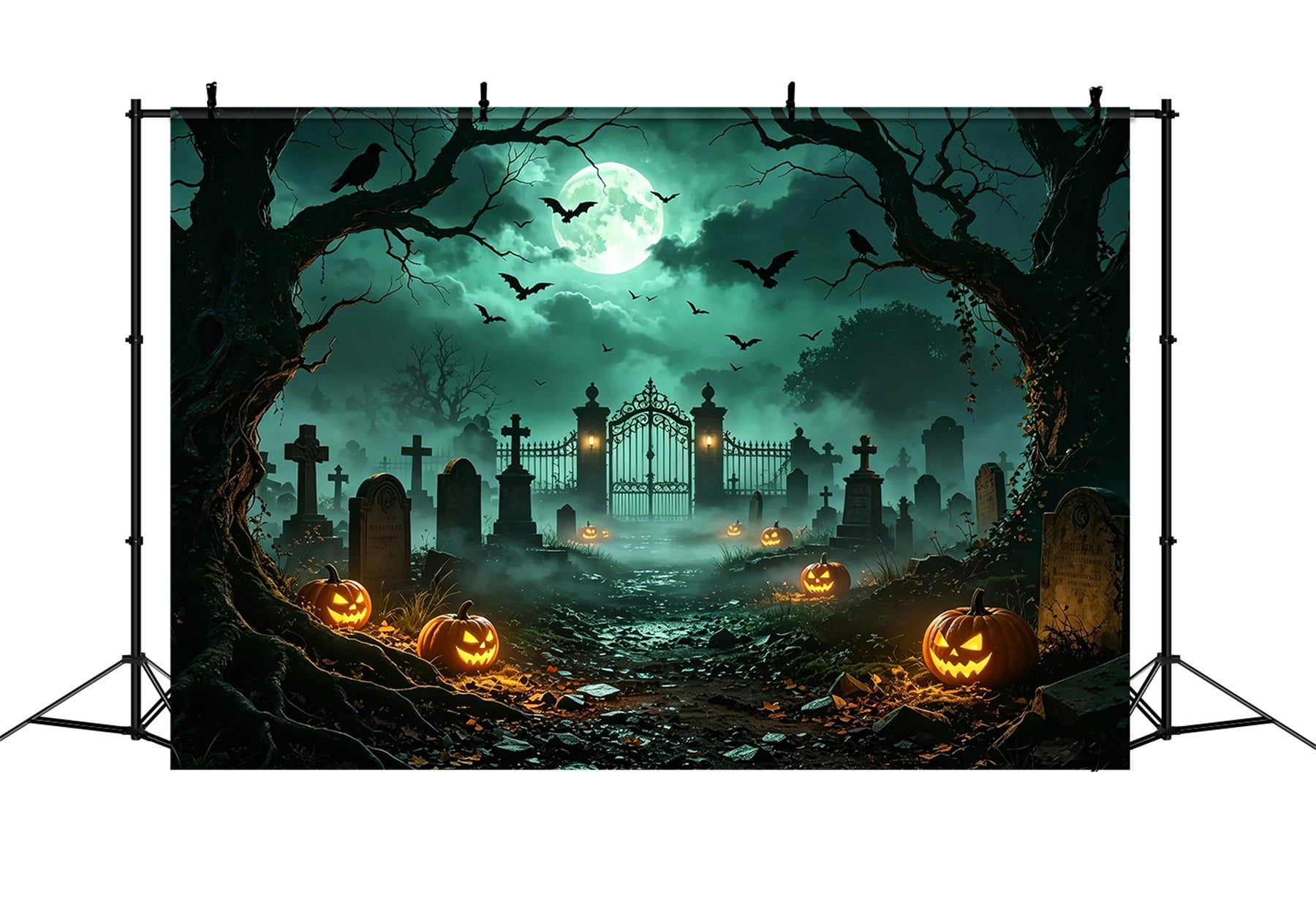 Dog Halloween Backdrop Moonlit Pumpkin Cemetery Gate Easter Tomb Backdrop ZTT67-67