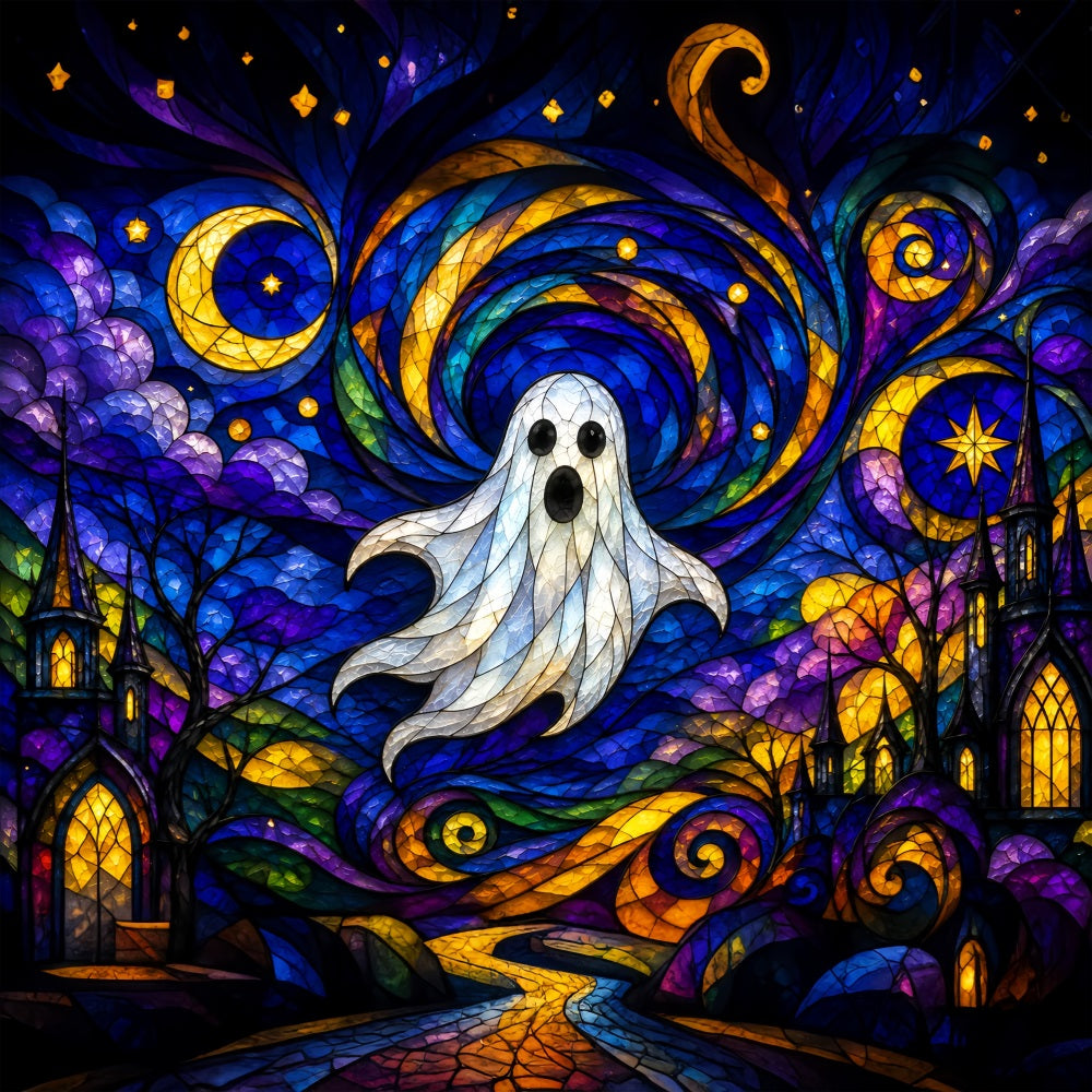 Ghost Stained Glass Backdrop Tapestry Moonlit Cute Ghost Photobooth Halloween Photo Booth Backdrop ZTT67-68
