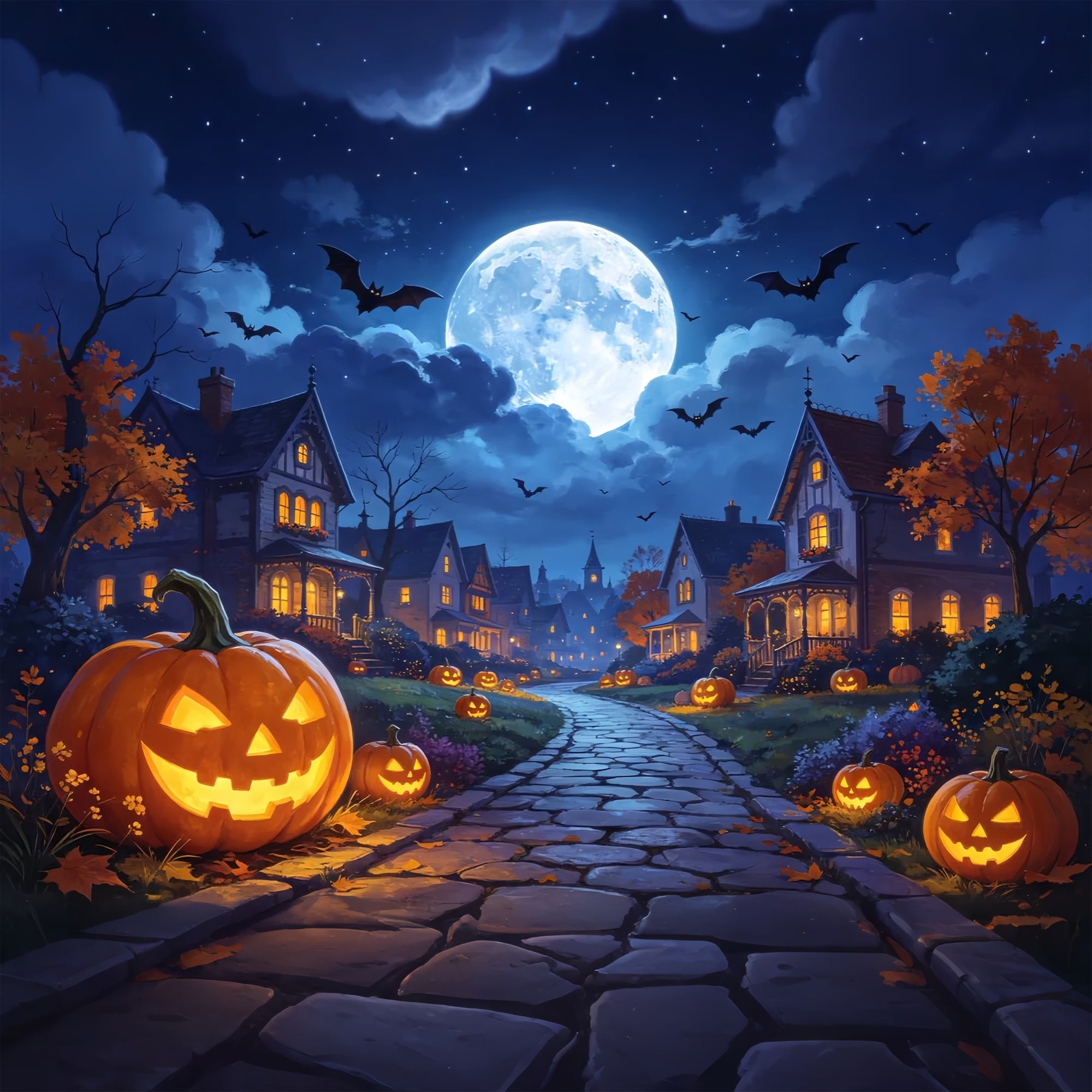 Photography Backdrops Halloween Moonlit Pumpkin Village Road Halloween Town Backdrop ZTT67-7