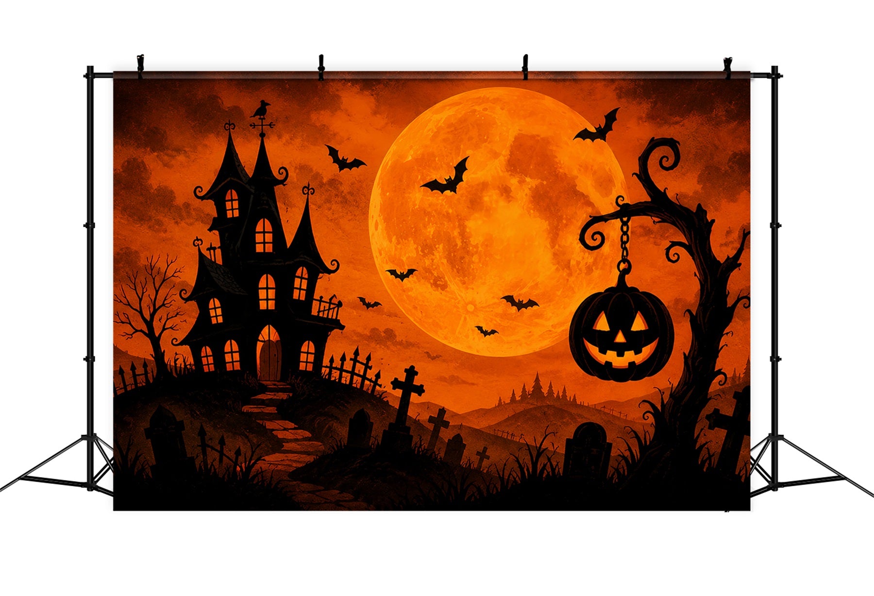 Halloween Backdrops For Pictures Orange Moon Haunted Mansion Halloween Circus Backdrop ZTT67-9