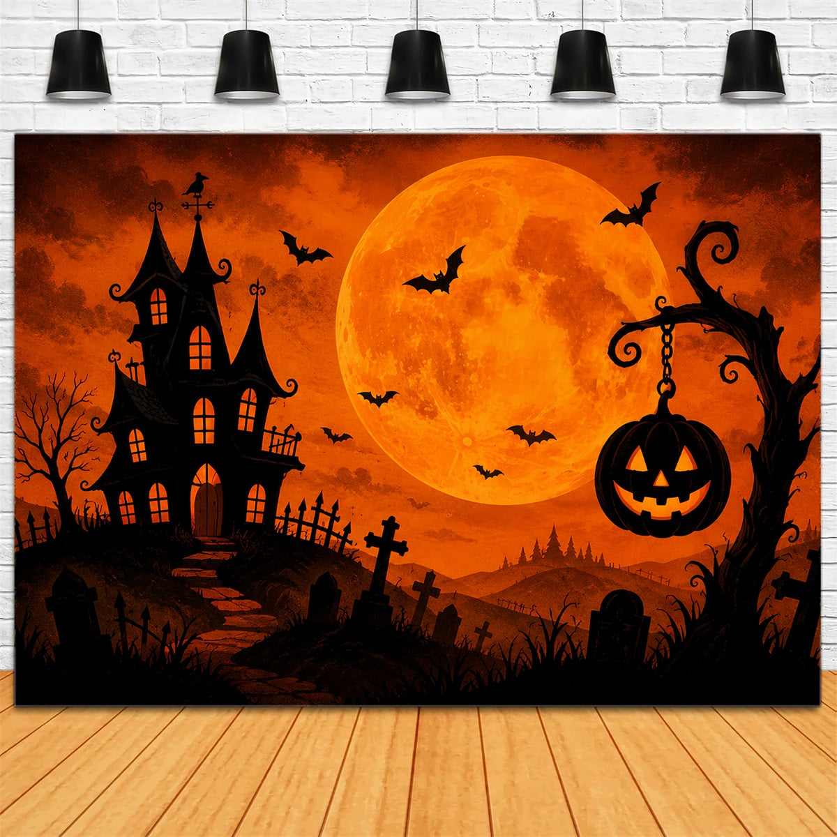 Halloween Backdrops For Pictures Orange Moon Haunted Mansion Halloween Circus Backdrop ZTT67-9