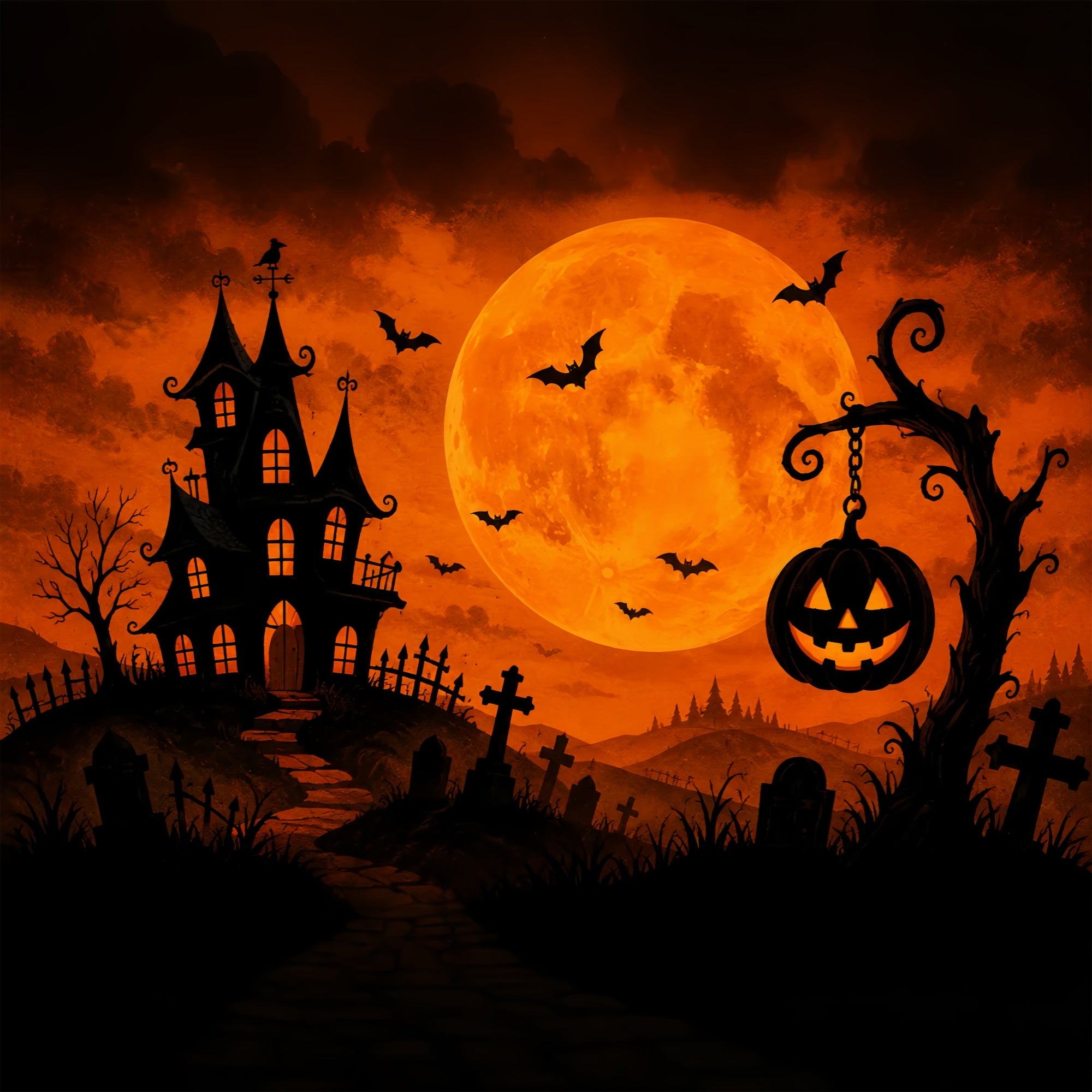 Halloween Backdrops For Pictures Orange Moon Haunted Mansion Halloween Circus Backdrop ZTT67-9