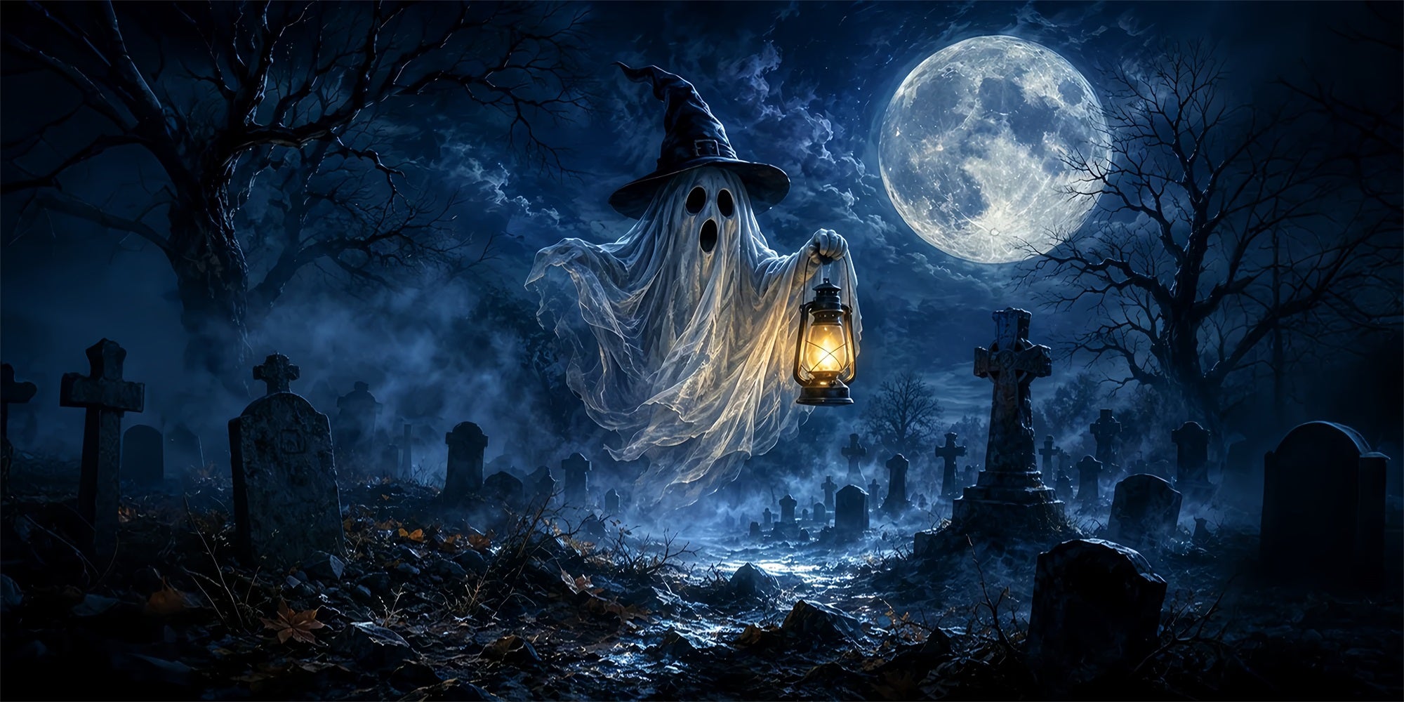 Ghost Halloween Garage Door Cover Lantern Moonlit Cemetery Extra Large Halloween Garage Door Cover ZTT68-12-2 car