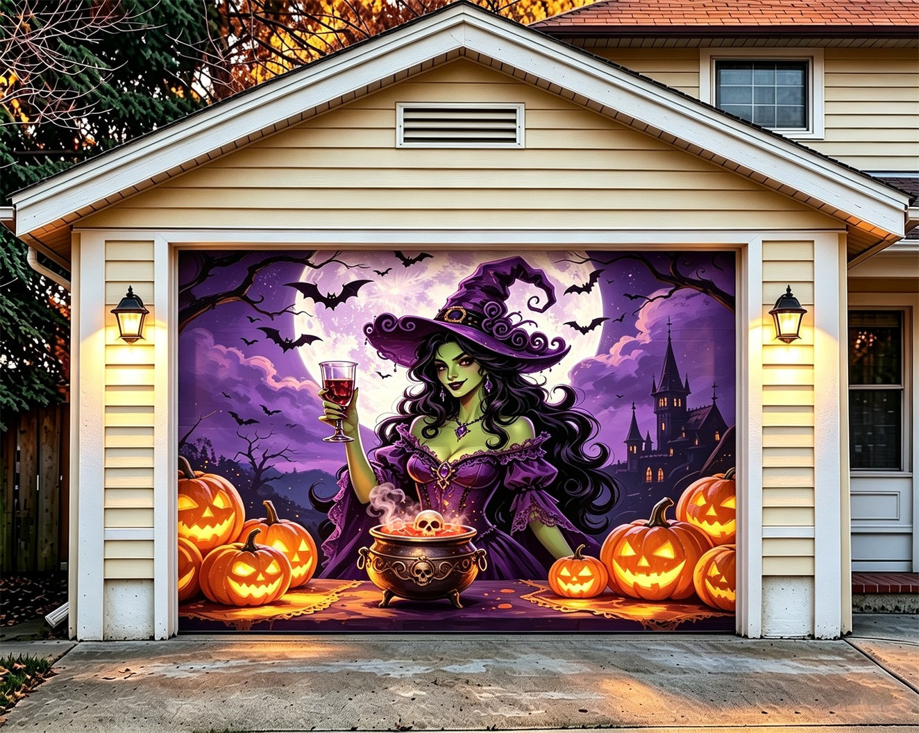 Witch Halloween Garage Door Cover Moonlit Cauldron Pumpkin Halloween Garage Door Cover ZTT68-14-1 car