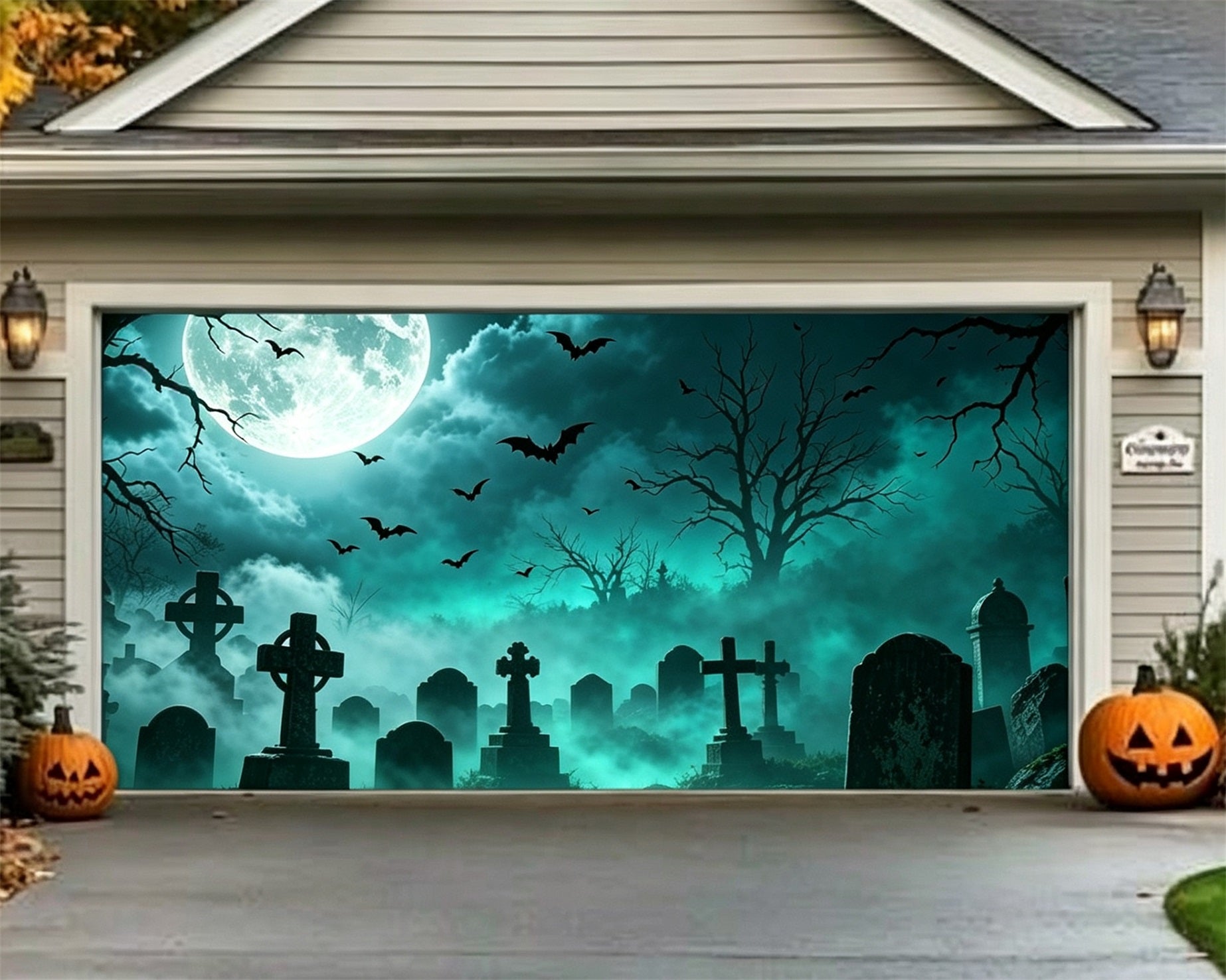 Graveyard Halloween Garage Door Cover Foggy Bat Moonlight Halloween House Garage Decorations ZTT68-16-2 car