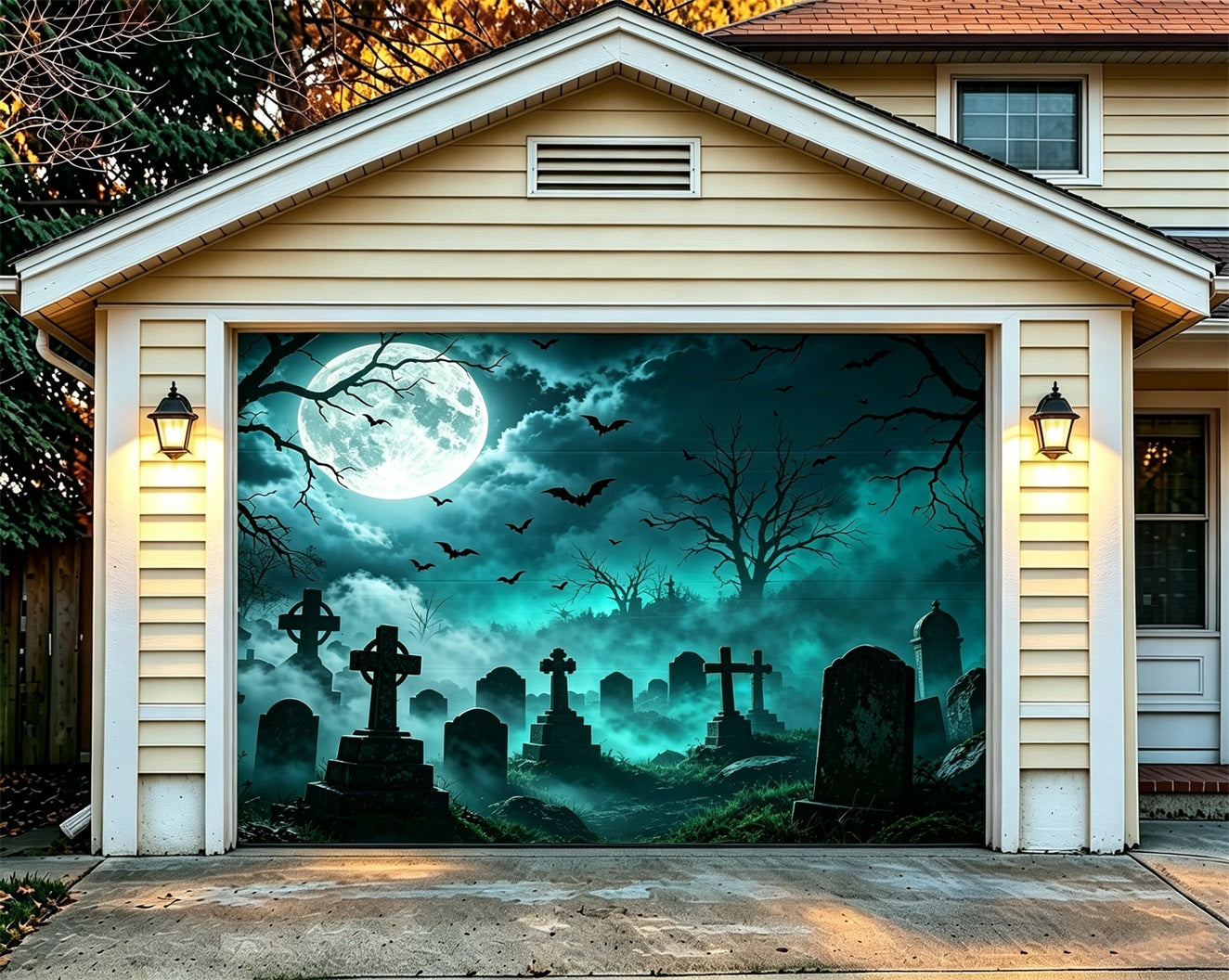 Graveyard Halloween Garage Door Cover Foggy Bat Moonlight Halloween House Garage Decorations ZTT68-16-1 car