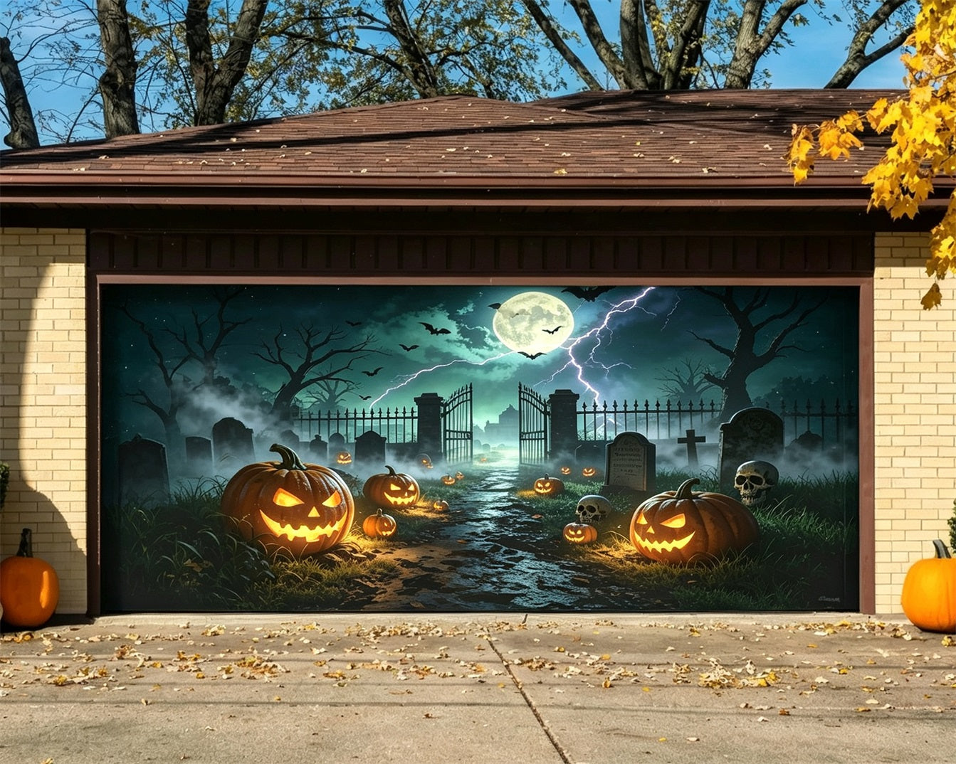 Bat Halloween Garage Door Cover Lightning Graveyard Pumpkin Gate Halloween Porch Garage Door Decor ZTT68-19-2 car