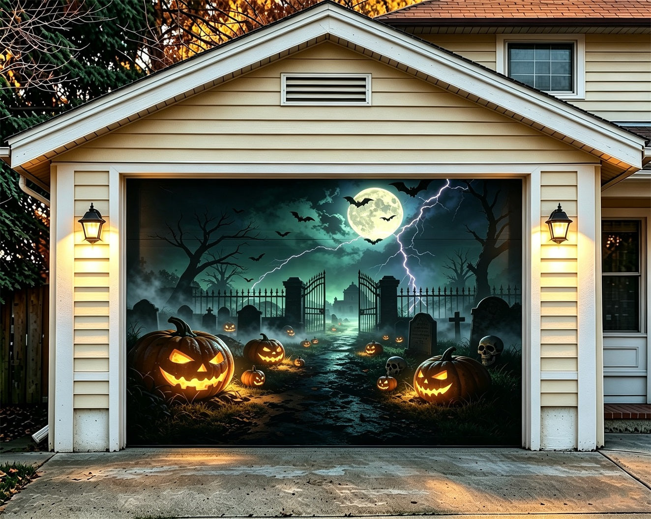 Bat Halloween Garage Door Cover Lightning Graveyard Pumpkin Gate Halloween Porch Garage Door Decor ZTT68-19-1 car