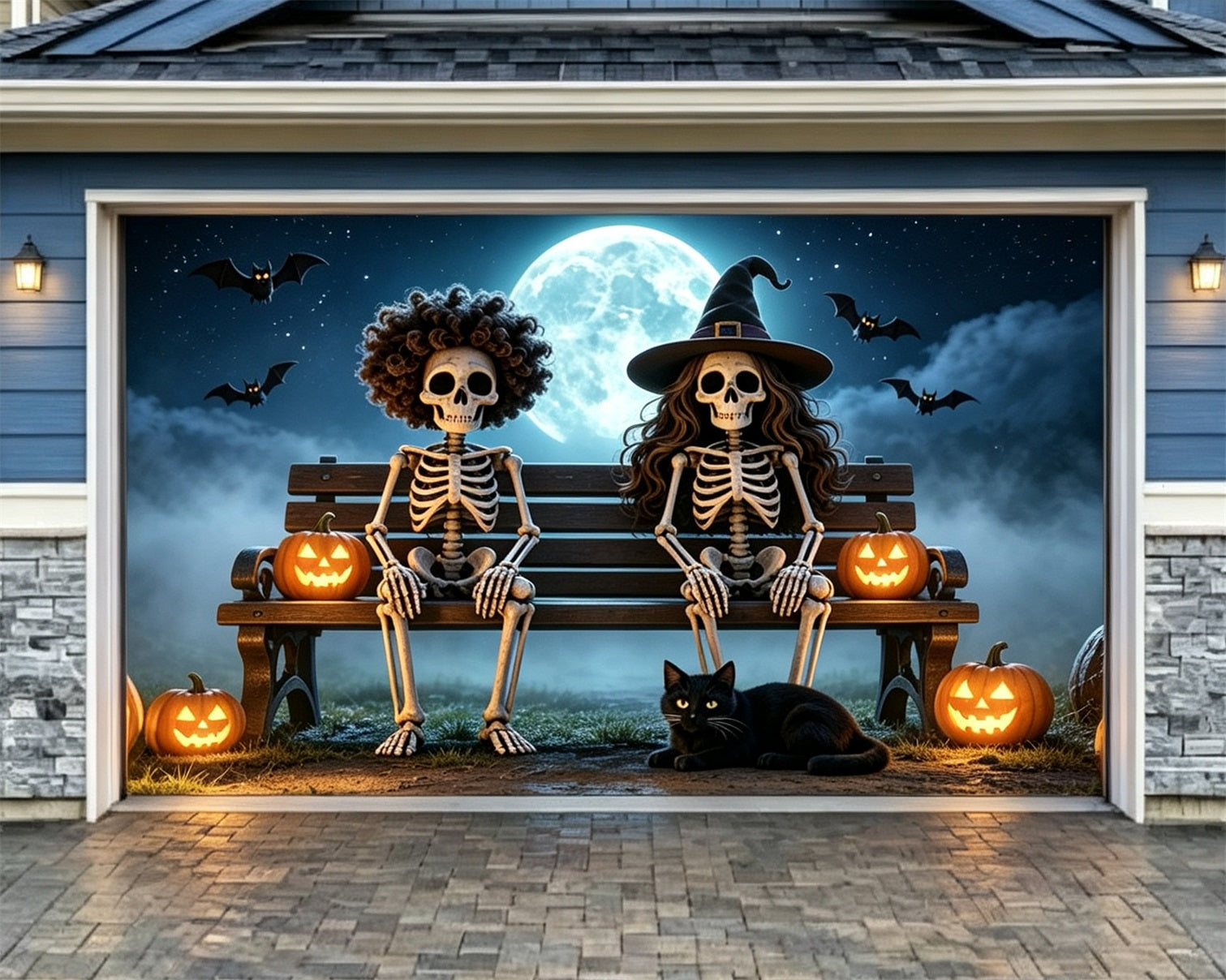 Funny Halloween Garage Door Cover Moonlit Skeleton Bench Cemetery Halloween Garage Door Decorations ZTT68-25-2 car