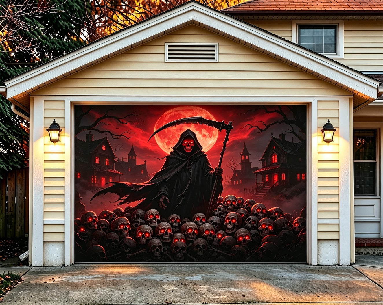 Dark Halloween Garage Door Cover Red Moon Reaper Skull Army Outdoor Halloween Garage Door Cover ZTT68-26-1 car