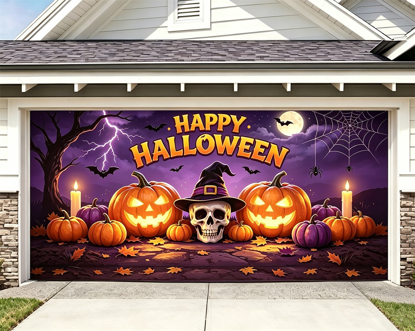 Pumpkin Halloween Garage Door Cover Moonlit Witch Hat Skull Halloween Garage Door Cover ZTT68-28-2 car