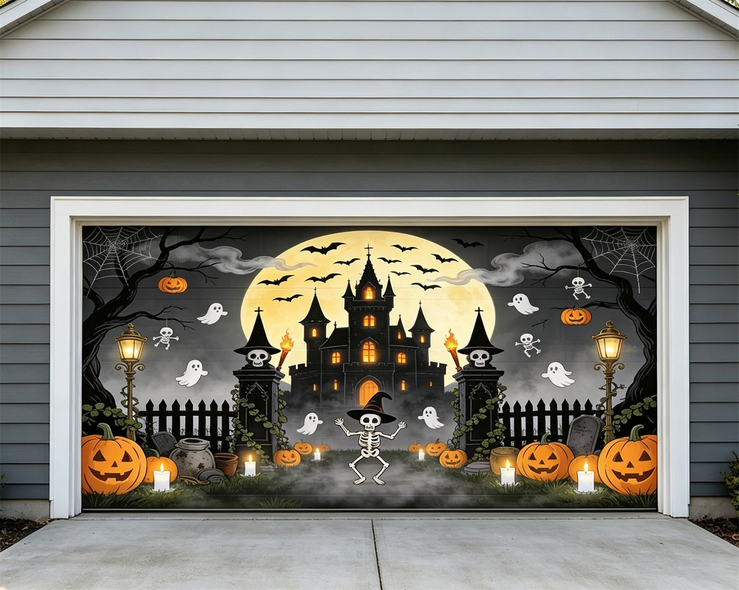 Haunted Halloween Garage Door Cover Castle Moonlight Pumpkins Halloween Garage Door Decor ZTT68-4-2 car