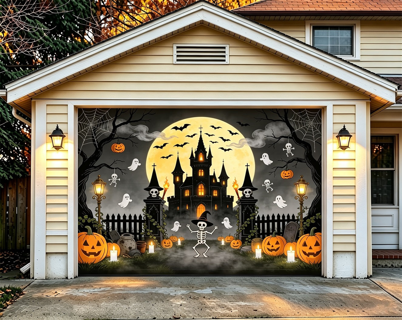 Haunted Halloween Garage Door Cover Castle Moonlight Pumpkins Halloween Garage Door Decor ZTT68-4-1 car