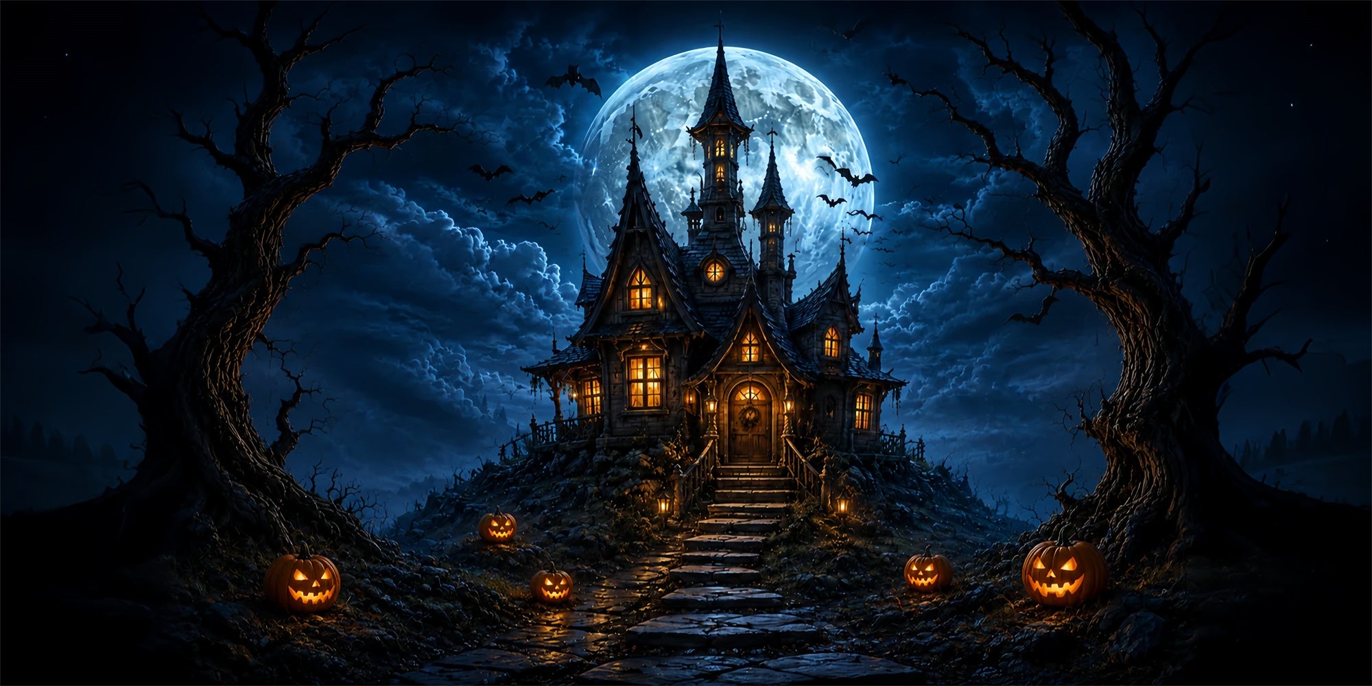 Gothic Halloween Garage Door Cover Moonlit Haunted Castle Halloween Garage Door Mural ZTT68-5-2 car