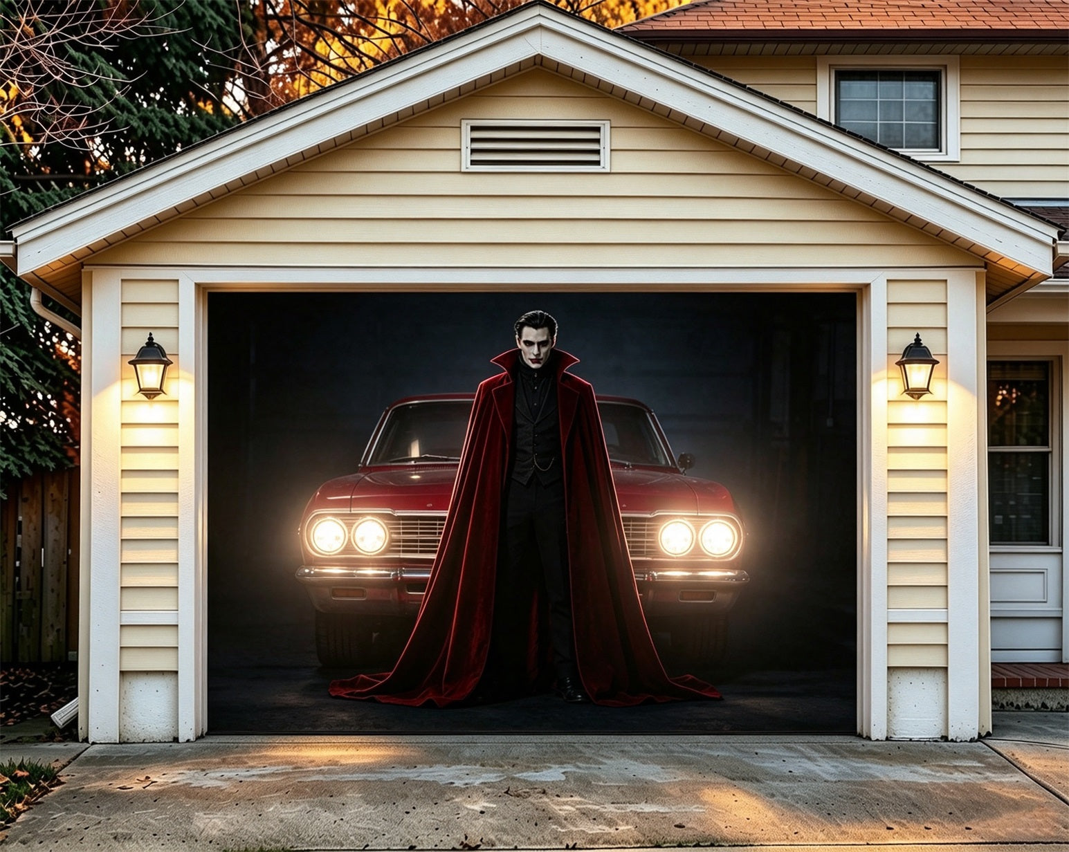 Vintage Halloween Garage Door Cover Vampire Car Headlights Halloween Garage Door Backdrop ZTT68-6-1 car