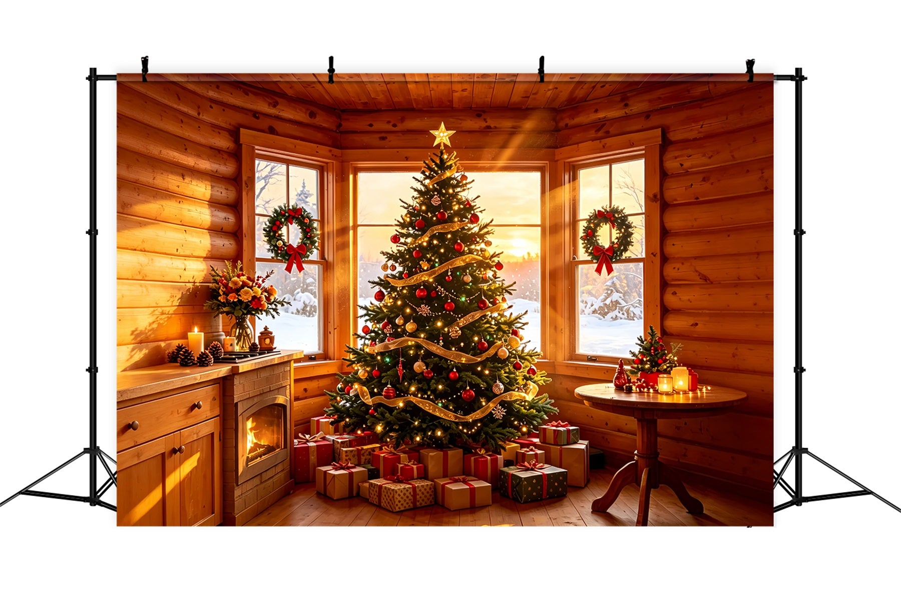 Rustic Christmas Backdrop Cozy Cabin Tree Glow Studio Christmas Backdrops ZTT69-1