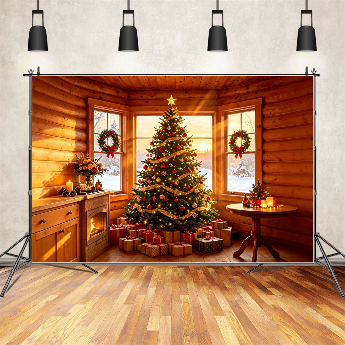 Rustic Christmas Backdrop Cozy Cabin Tree Glow Studio Christmas Backdrops ZTT69-1