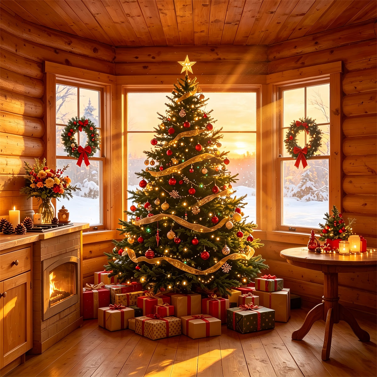 Rustic Christmas Backdrop Cozy Cabin Tree Glow Studio Christmas Backdrops ZTT69-1