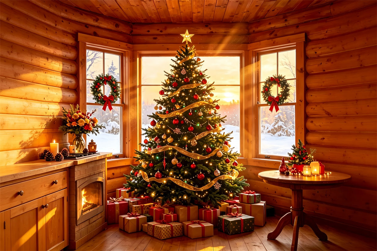 Rustic Christmas Backdrop Cozy Cabin Tree Glow Studio Christmas Backdrops ZTT69-1
