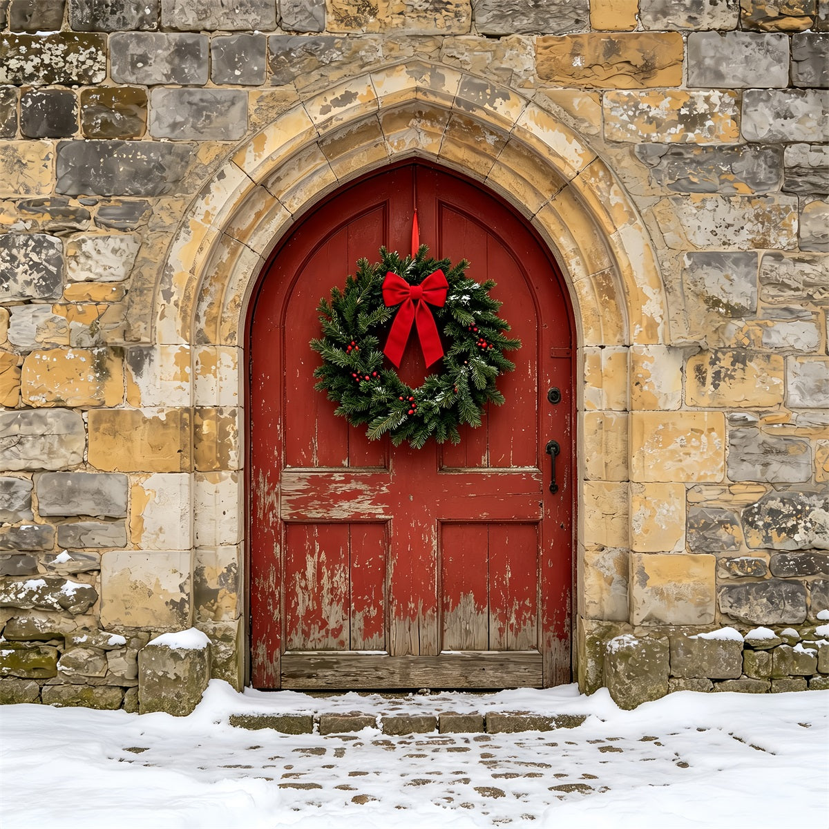 Church Christmas Backdrop Rustic Stone Arch Door Photographic Backdrops Christmas ZTT69-10