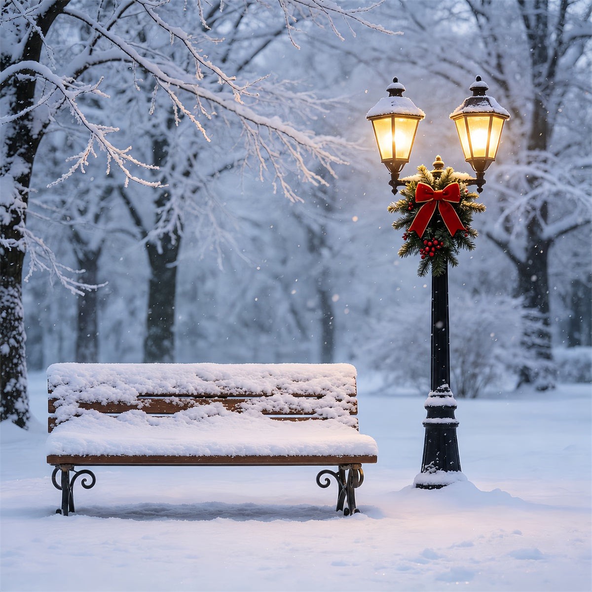 Christmas Snow Backdrop Snowy Bench Lantern Glow Christmas Muslin Backdrops ZTT69-11