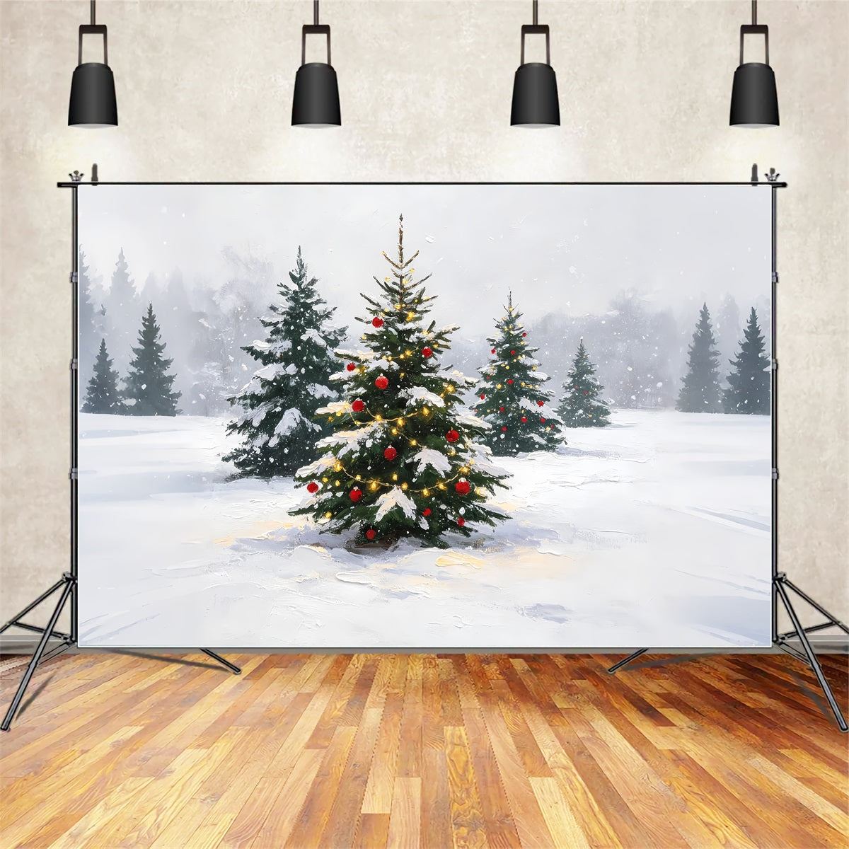 Winter Christmas Backdrop Snowy Painted Pine Grove Christmas Backdrop ZTT69-12