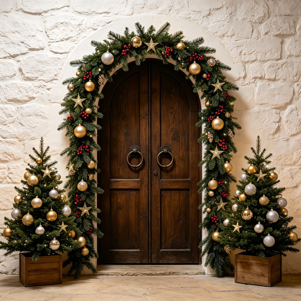 Simple Christmas Backdrop Stone Arch Garland Entrance Christmas Photo Backdrop ZTT69-14