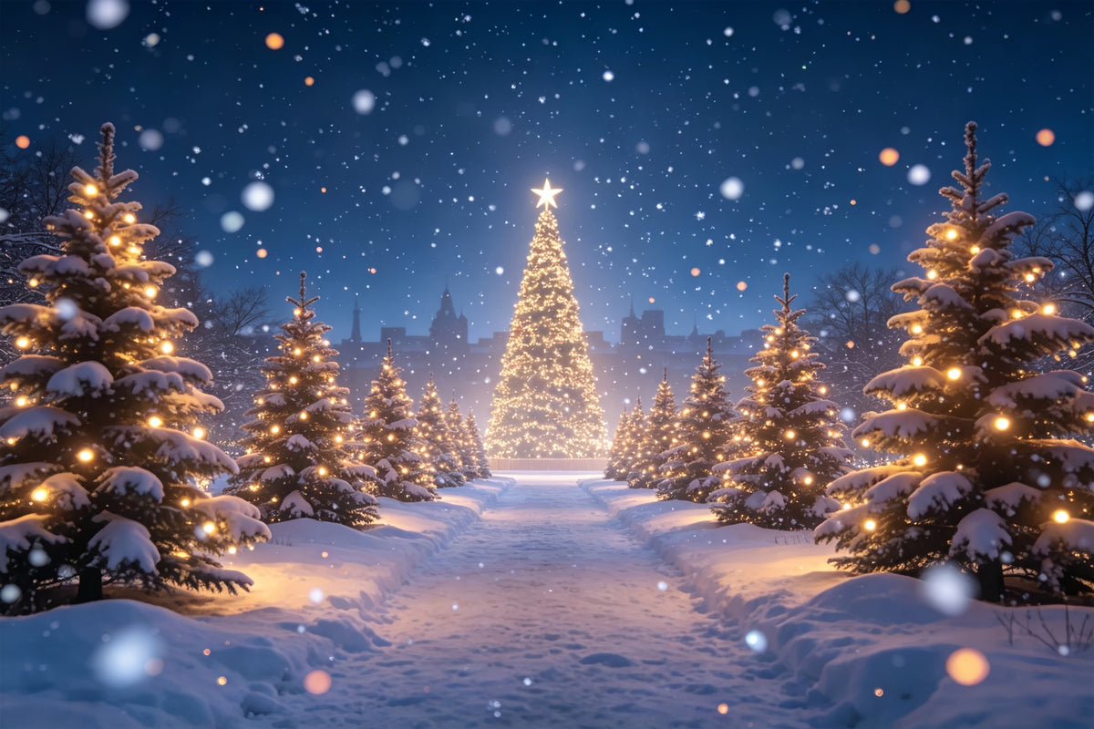 Christmas Tree Backdrop Snowy Forest Light Path Christmas Photo Backdrops ZTT69-15