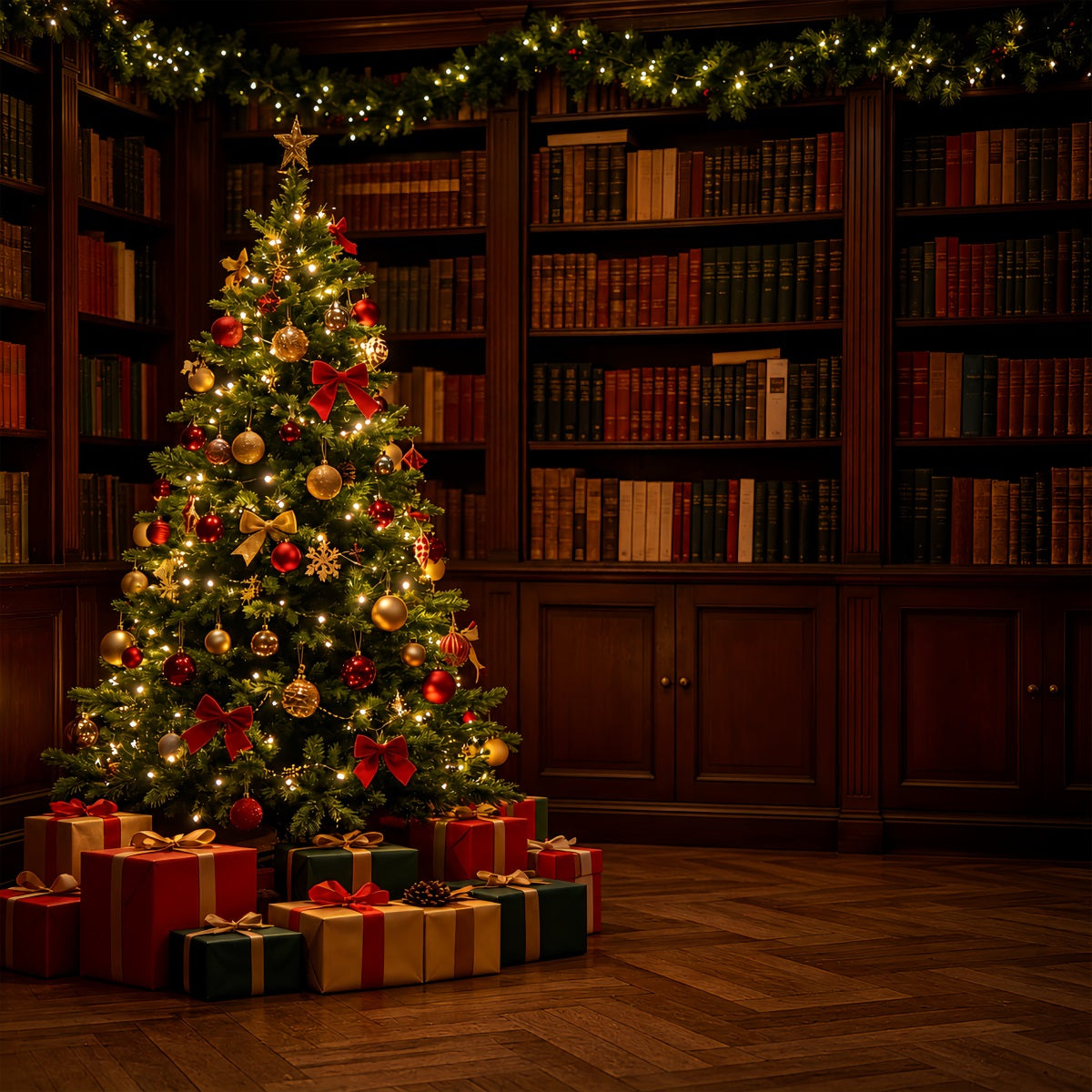 Indoor Christmas Backdrop Dark Library Tree Corner Professional Christmas Backdrops ZTT69-18