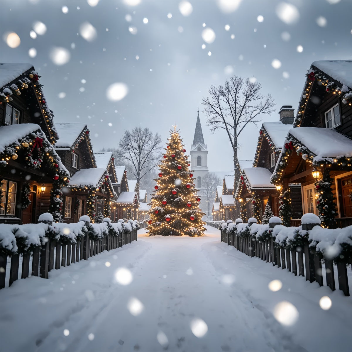 Christmas Village Backdrop Snowy House Tree Street Christmas Photography Backdrops ZTT69-19