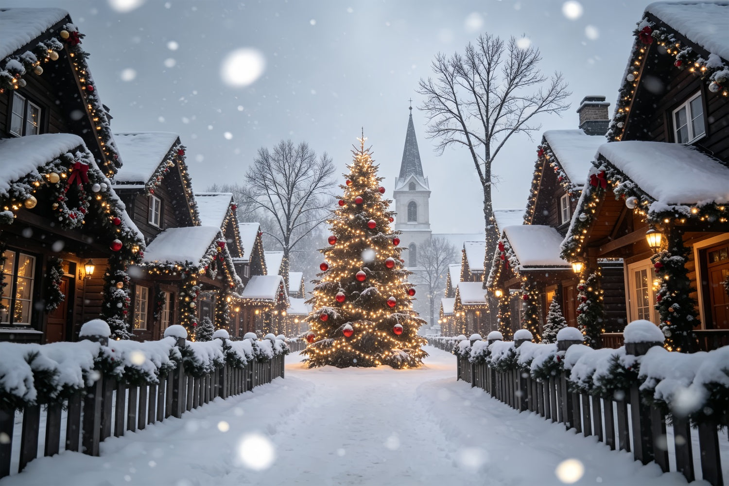 Christmas Village Backdrop Snowy House Tree Street Christmas Photography Backdrops ZTT69-19