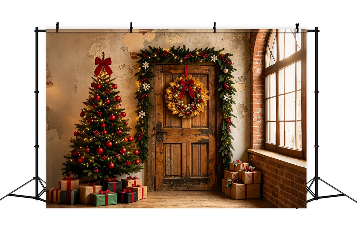 Christmas Backdrop Rustic Door Wreath Entry Wall Christmas Backdrop ZTT69-2