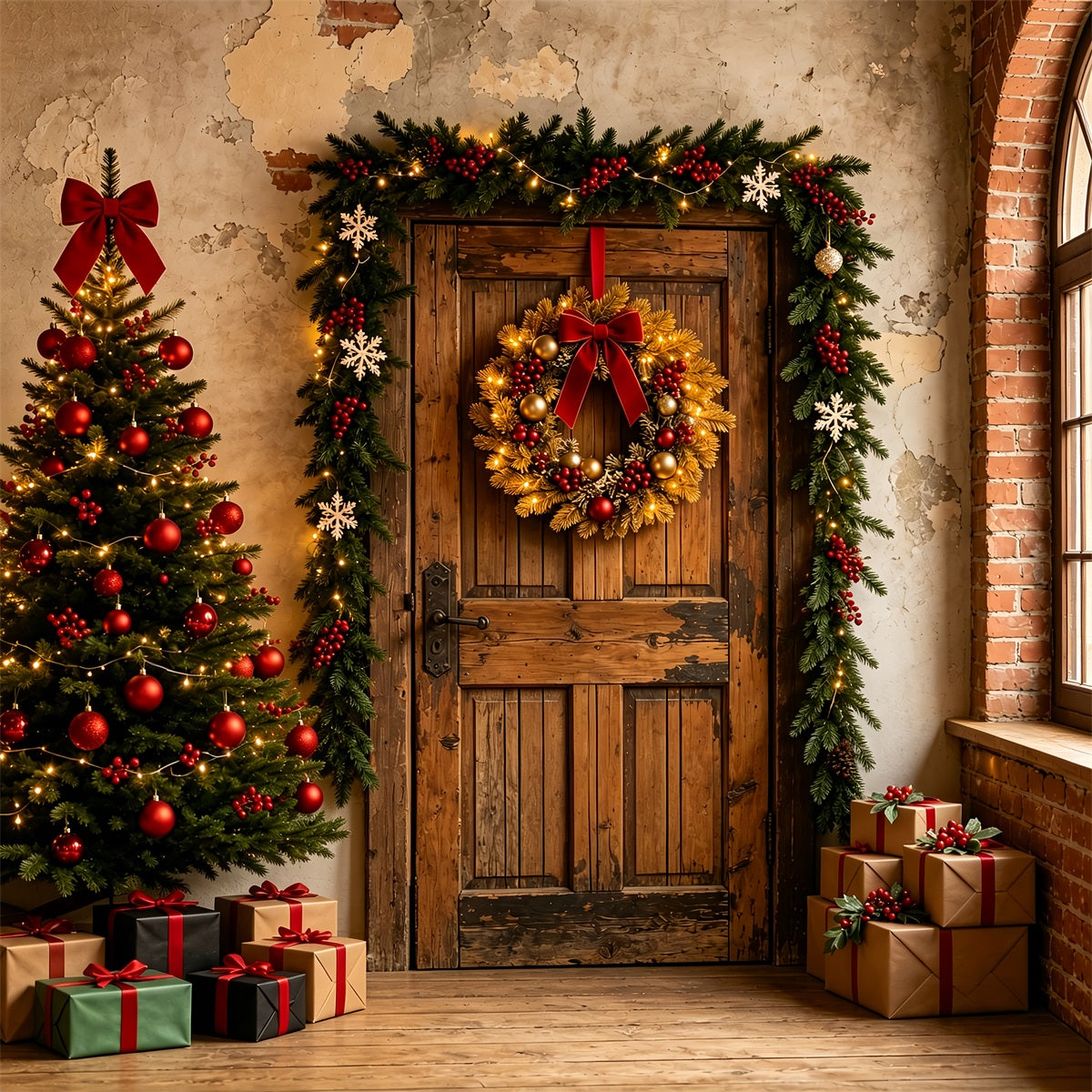 Christmas Backdrop Rustic Door Wreath Entry Wall Christmas Backdrop ZTT69-2
