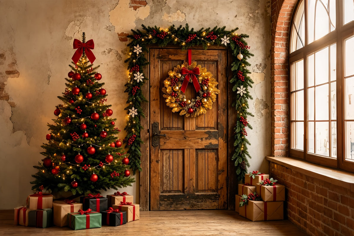 Christmas Backdrop Rustic Door Wreath Entry Wall Christmas Backdrop ZTT69-2