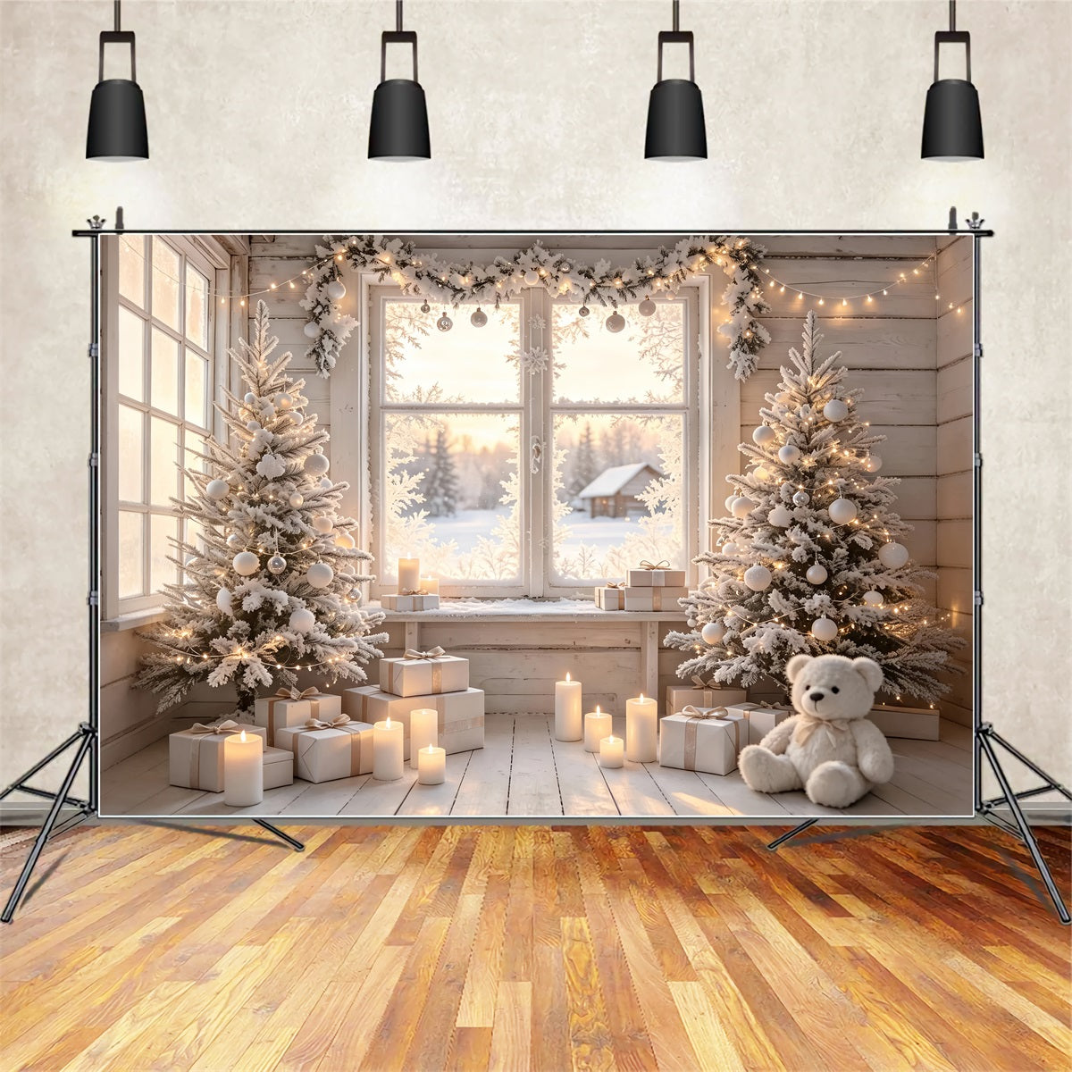 Christmas Cabin Backdrop White Frosted Window Room Photo Backdrop Christmas ZTT69-20