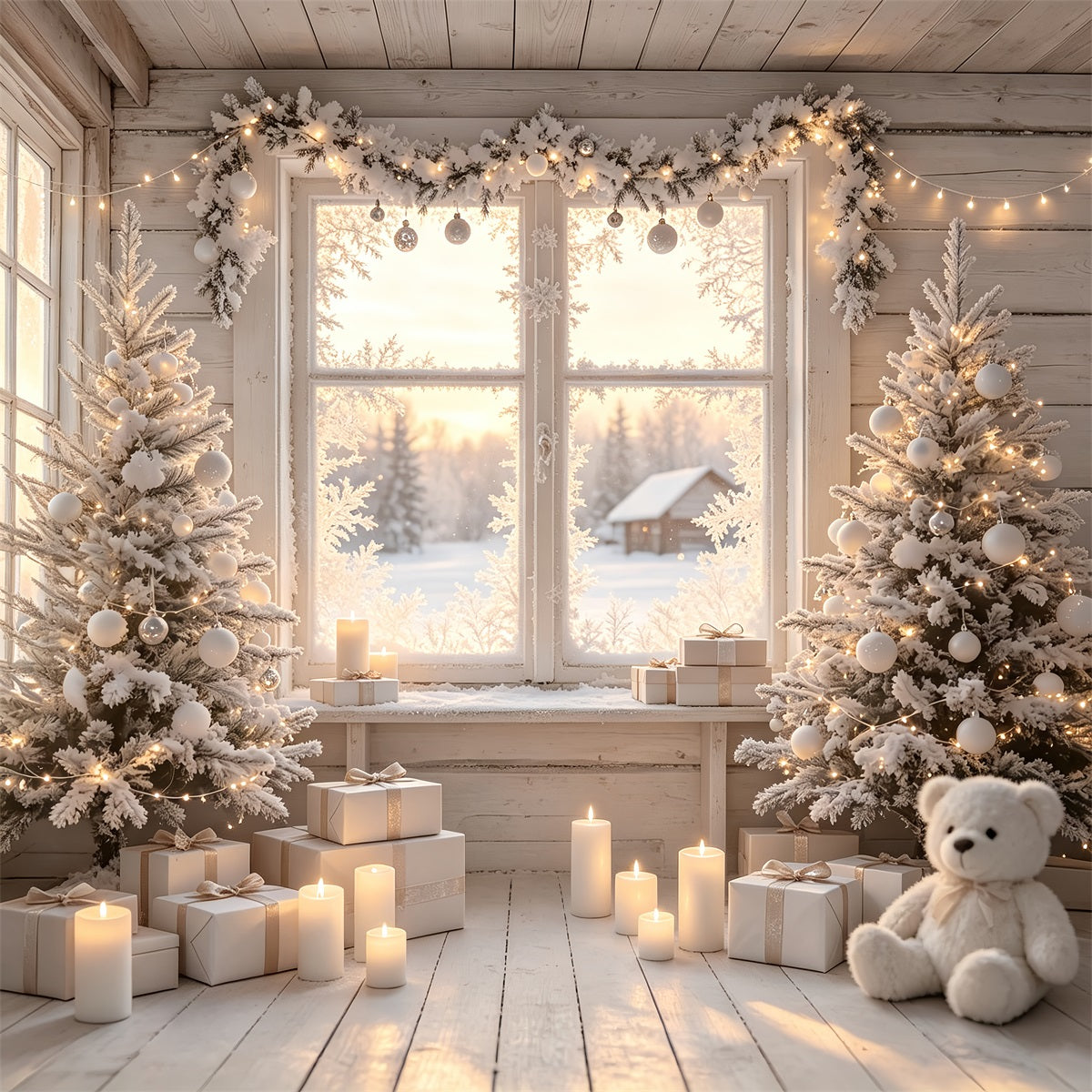 Christmas Cabin Backdrop White Frosted Window Room Photo Backdrop Christmas ZTT69-20