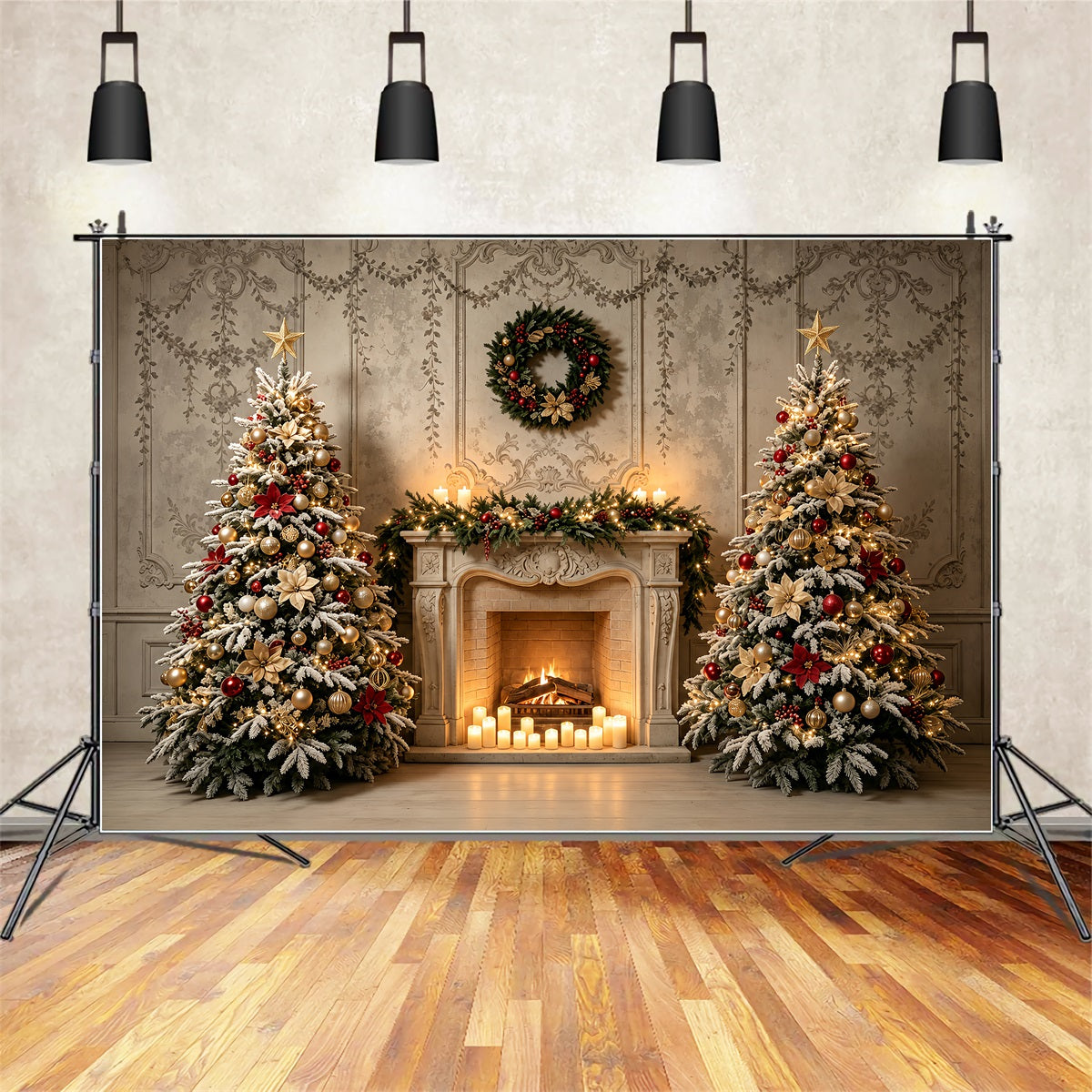 Christmas Living Room Backdrop Elegant Fireplace Tree Display Large Christmas Backdrop ZTT69-24