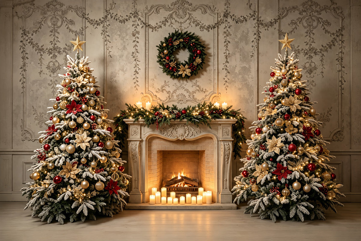 Christmas Living Room Backdrop Elegant Fireplace Tree Display Large Christmas Backdrop ZTT69-24