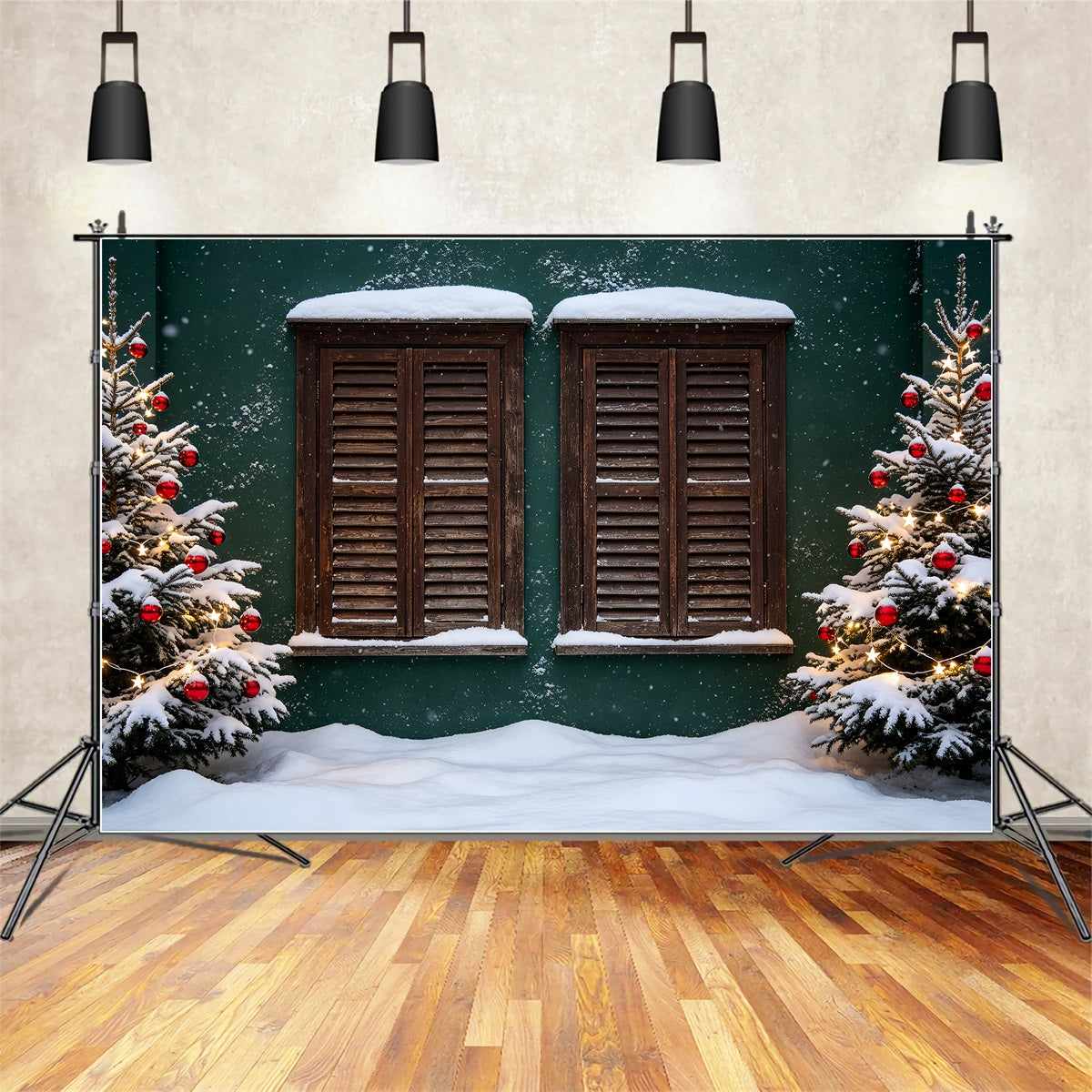 Country Christmas Backdrop Snowy Window Shutters Backdrops Christmas ZTT69-25