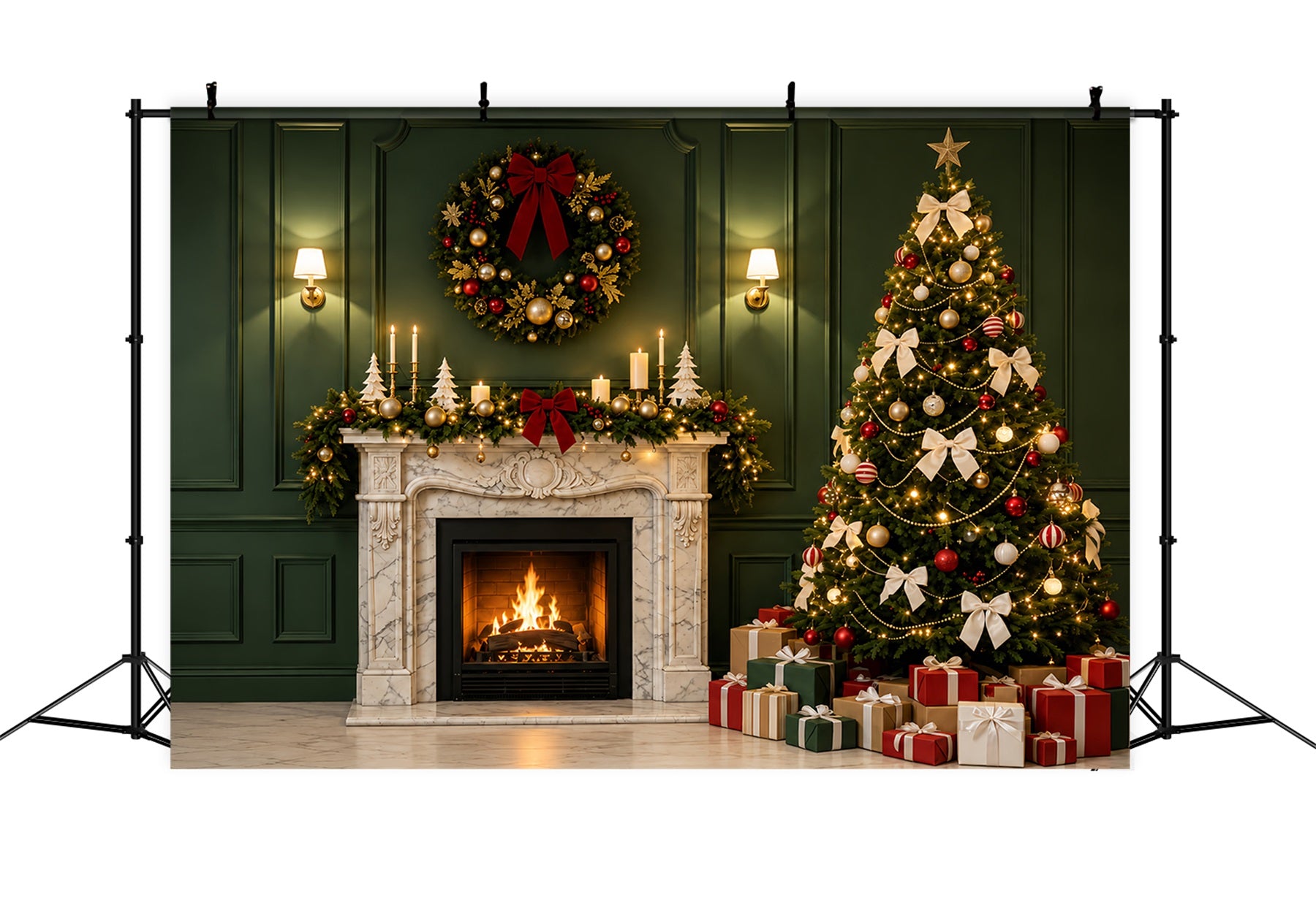 Green Christmas Backdrop Green Fireplace Tree Decor Photo Backdrops Christmas ZTT69-28