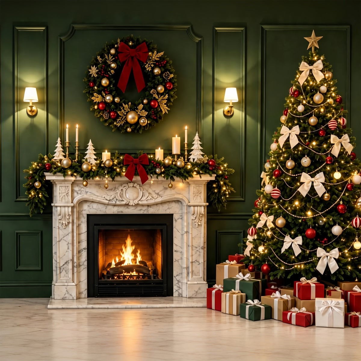 Green Christmas Backdrop Green Fireplace Tree Decor Photo Backdrops Christmas ZTT69-28