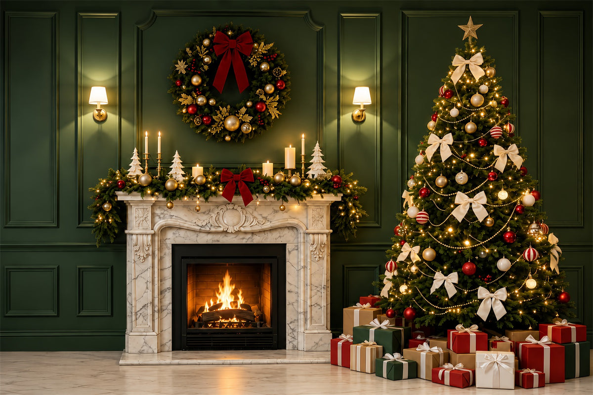 Green Christmas Backdrop Green Fireplace Tree Decor Photo Backdrops Christmas ZTT69-28