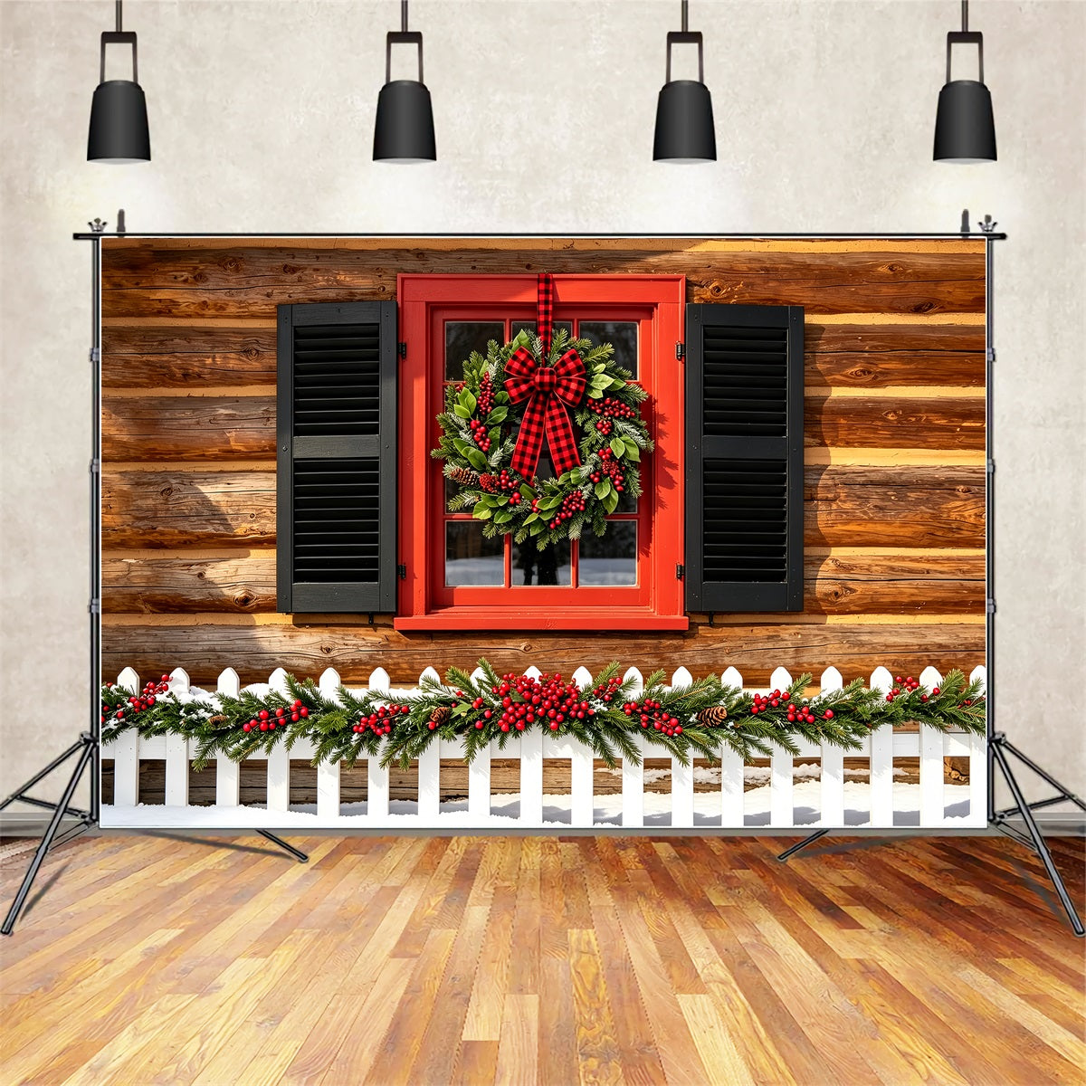 Country Christmas Backdrop Rustic Cabin Wreath Window Christmas Wall Backdrops ZTT69-29