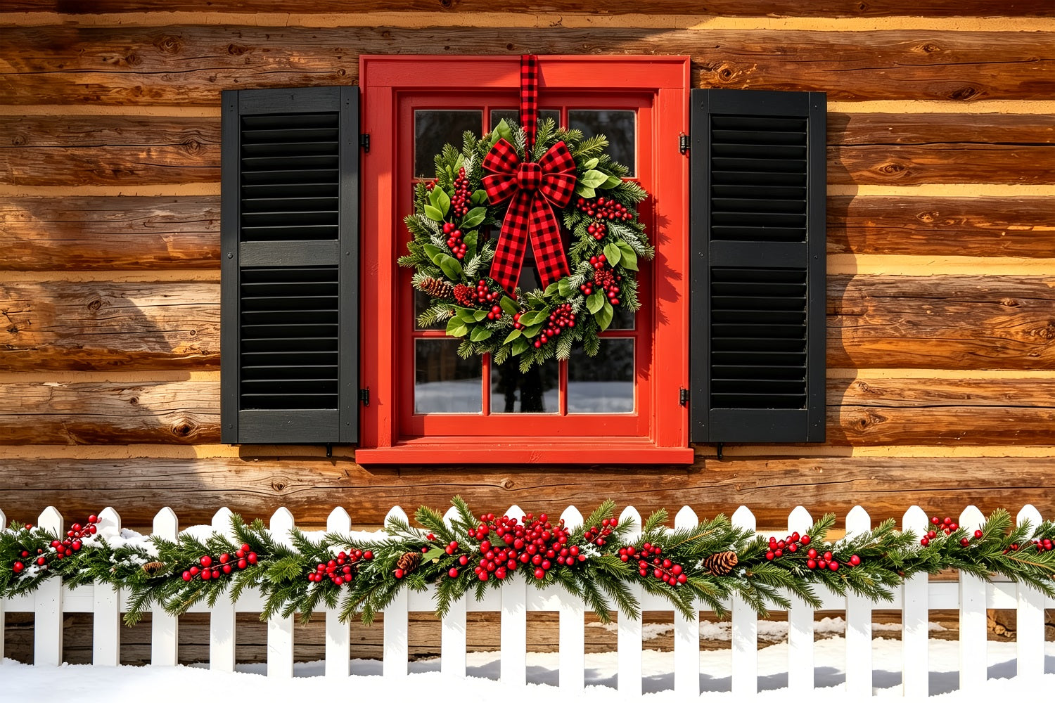 Country Christmas Backdrop Rustic Cabin Wreath Window Christmas Wall Backdrops ZTT69-29