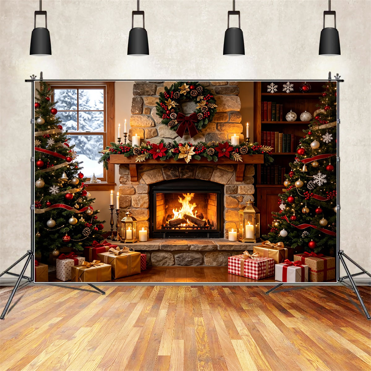 Cozy Christmas Backdrop Stone Fireplace Garland Glow Christmas Indoor Backdrop ZTT69-4